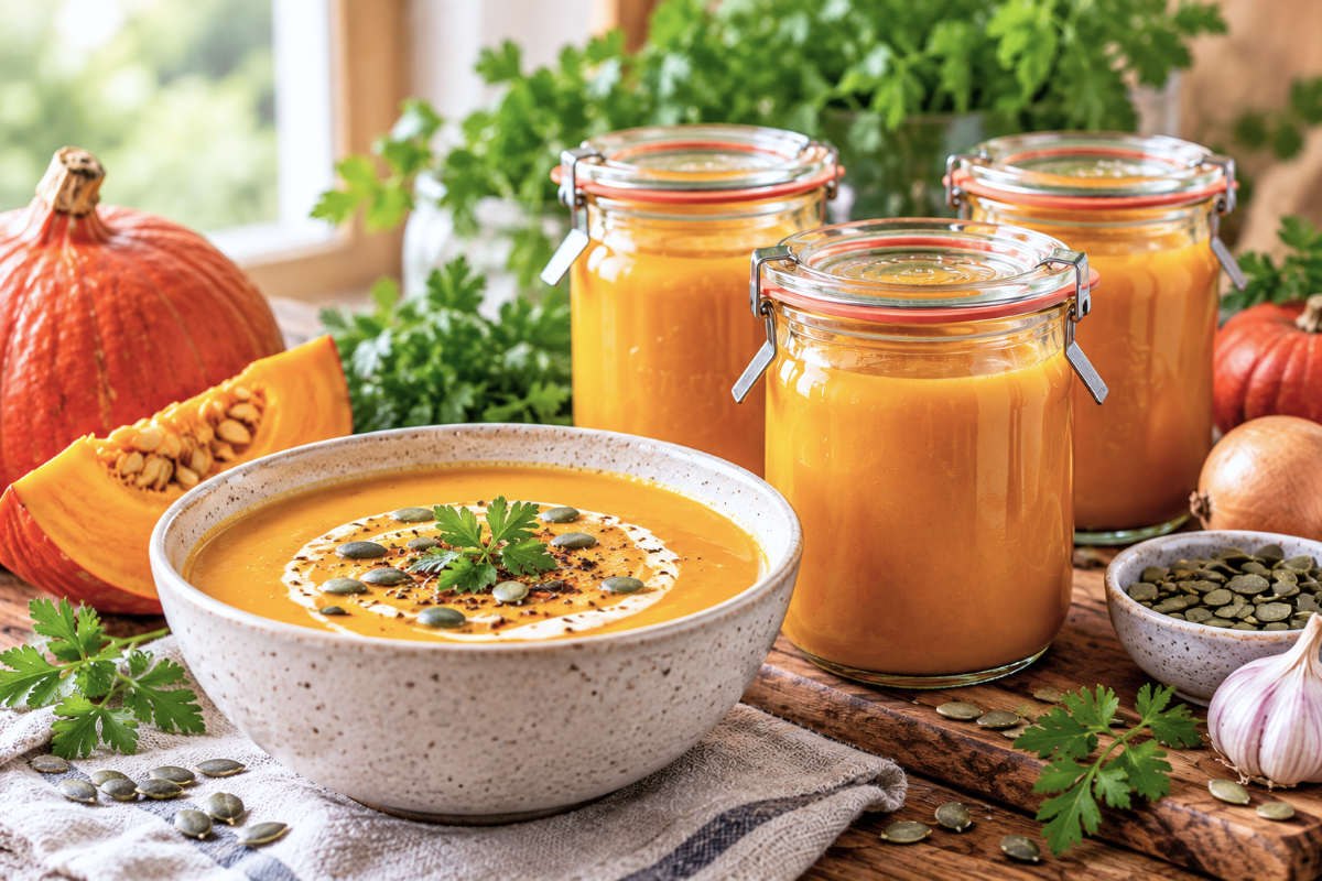 Kürbissuppe im Herbst selbst gemacht und eingekocht um WECK-Zylinderglas mit gerösteten Kürbiskernen serviert