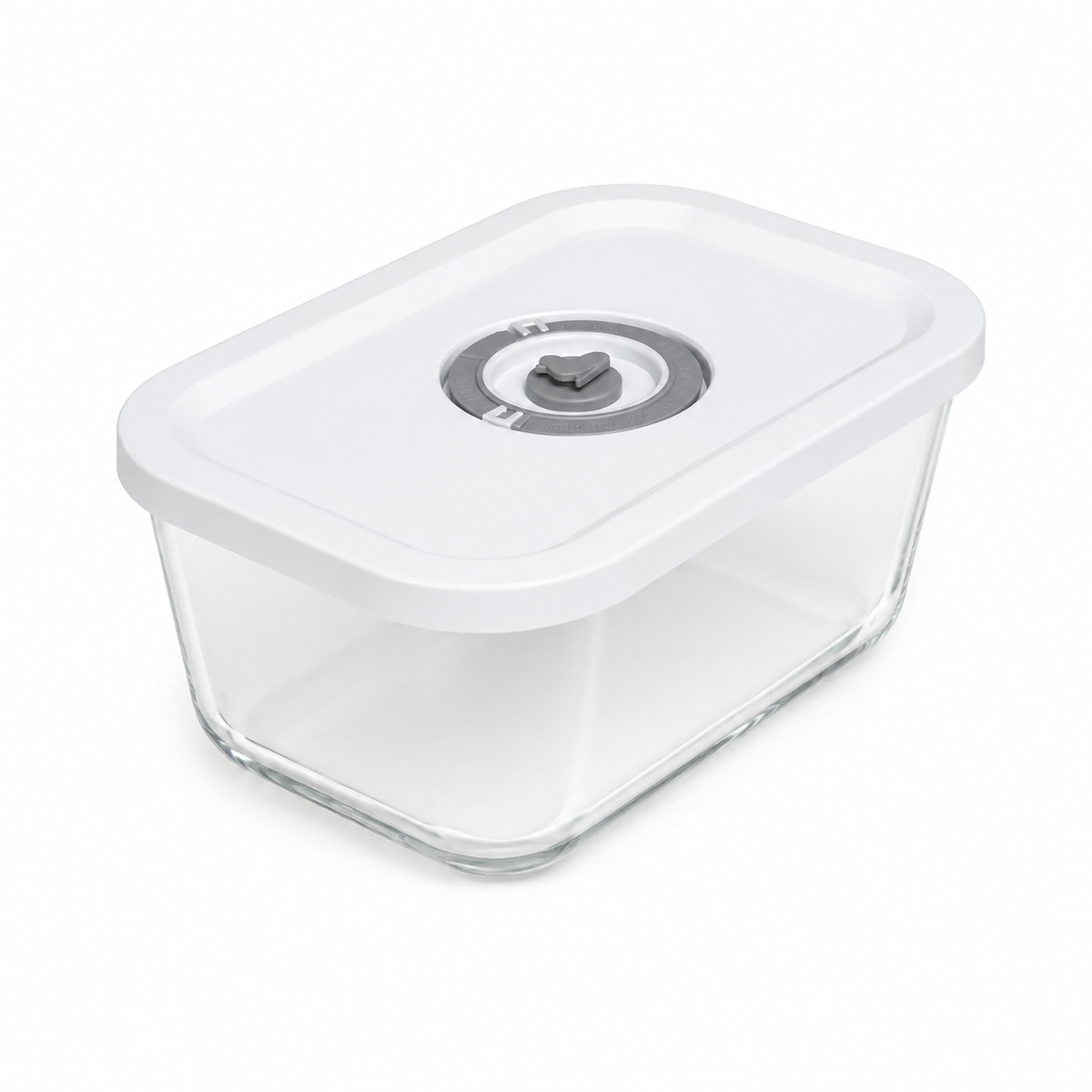 AnySeal-Glasbox 800 ml mit weißem Deckel und grauem Vakuumventil, freigestellt auf weißem Hintergrund