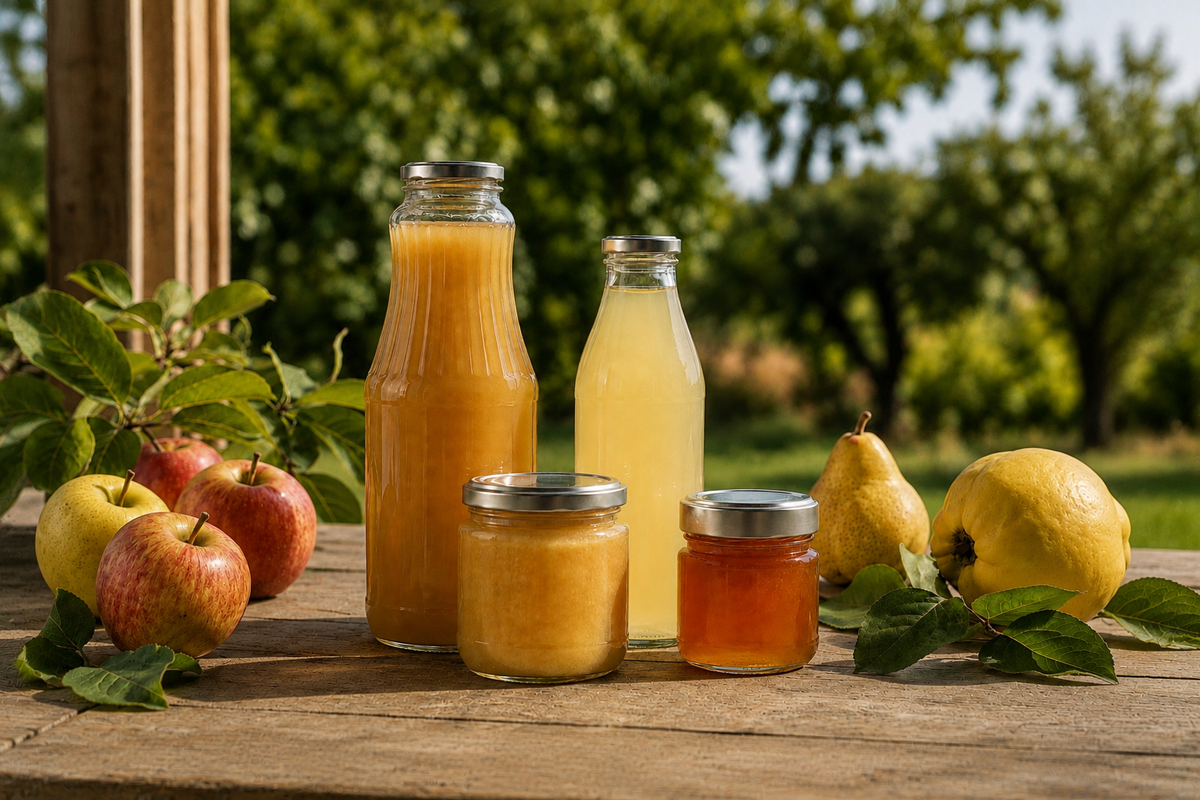 Zwei Glasflaschen und zwei Schraubgläser mit naturtrüben Säften und Fruchtzubereitungen, umgeben von Äpfeln, Birnen und Quitten auf einem Holztisch im sonnigen Obstgarten