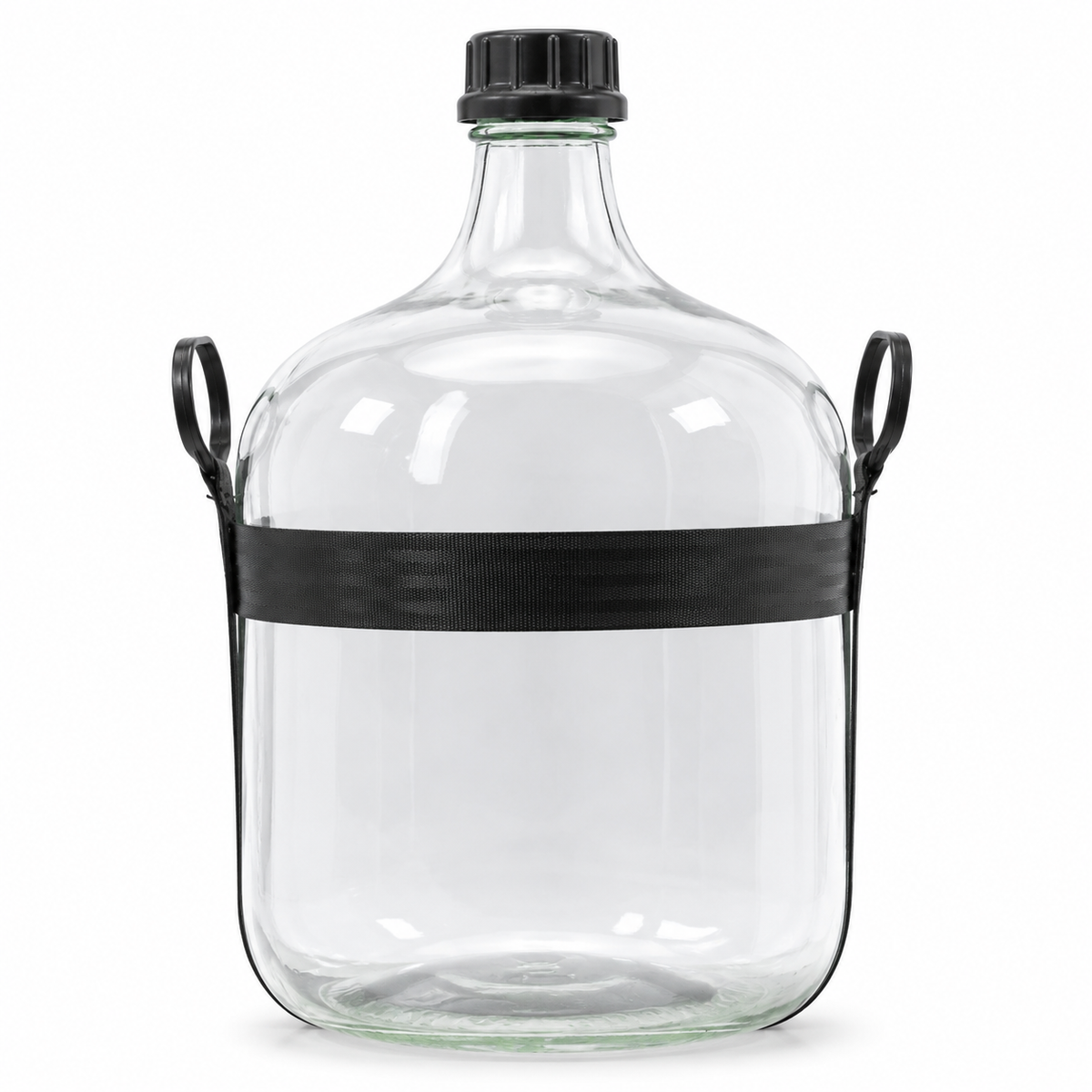 Klare Ballonflasche 25 l mit schwarzem Tragegurt und Schraubverschluss auf weißem Hintergrund