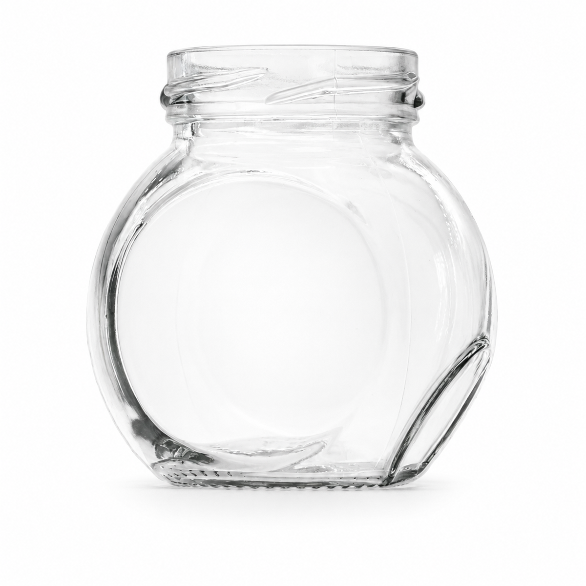 Bonbonglas aus klarem Glas mit rundem, bauchigem Körper, gerader Frontfläche und Twist-off-Mündung, aufrecht stehend dargestellt.
