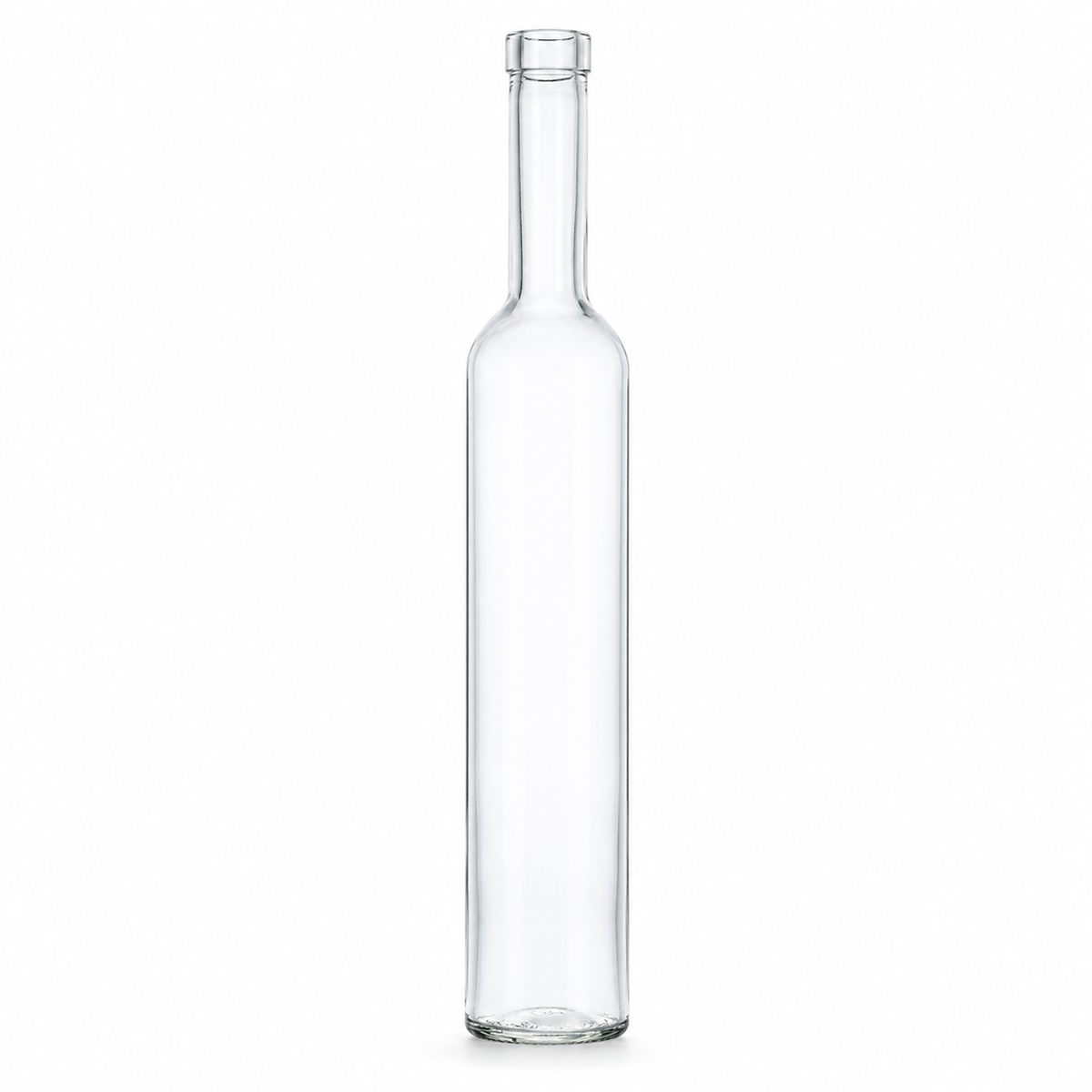 Klare Bordeaux-Elite-Glasflasche 0,5 l mit OBM-Mündung, langem Hals und schlankem Rundkörper auf weißem Hintergrund