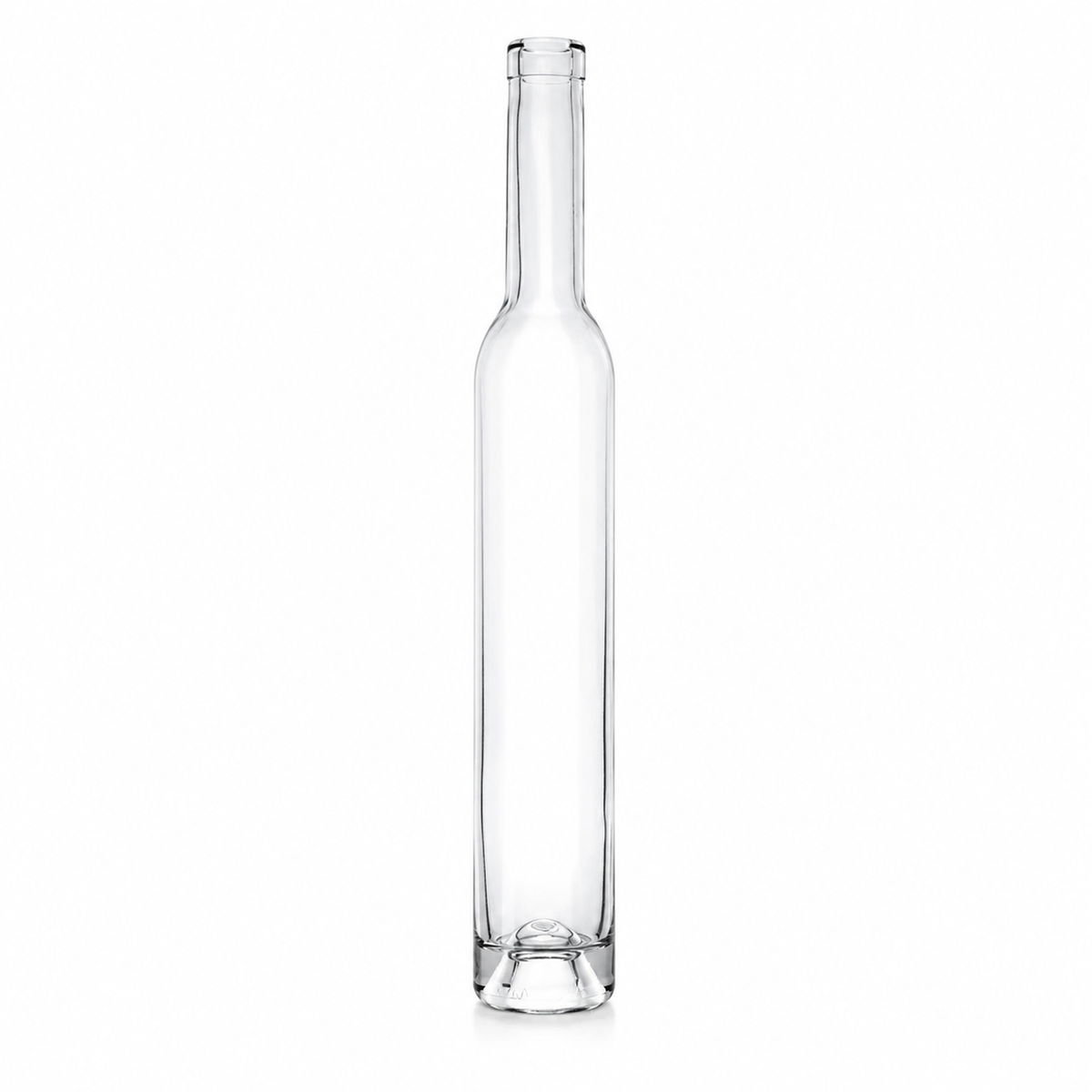 Klare, schlanke Bordeaux-Futura-Glasflasche mit langem Hals, OBM-Mündung und markantem Innenboden auf weißem Hintergrund.