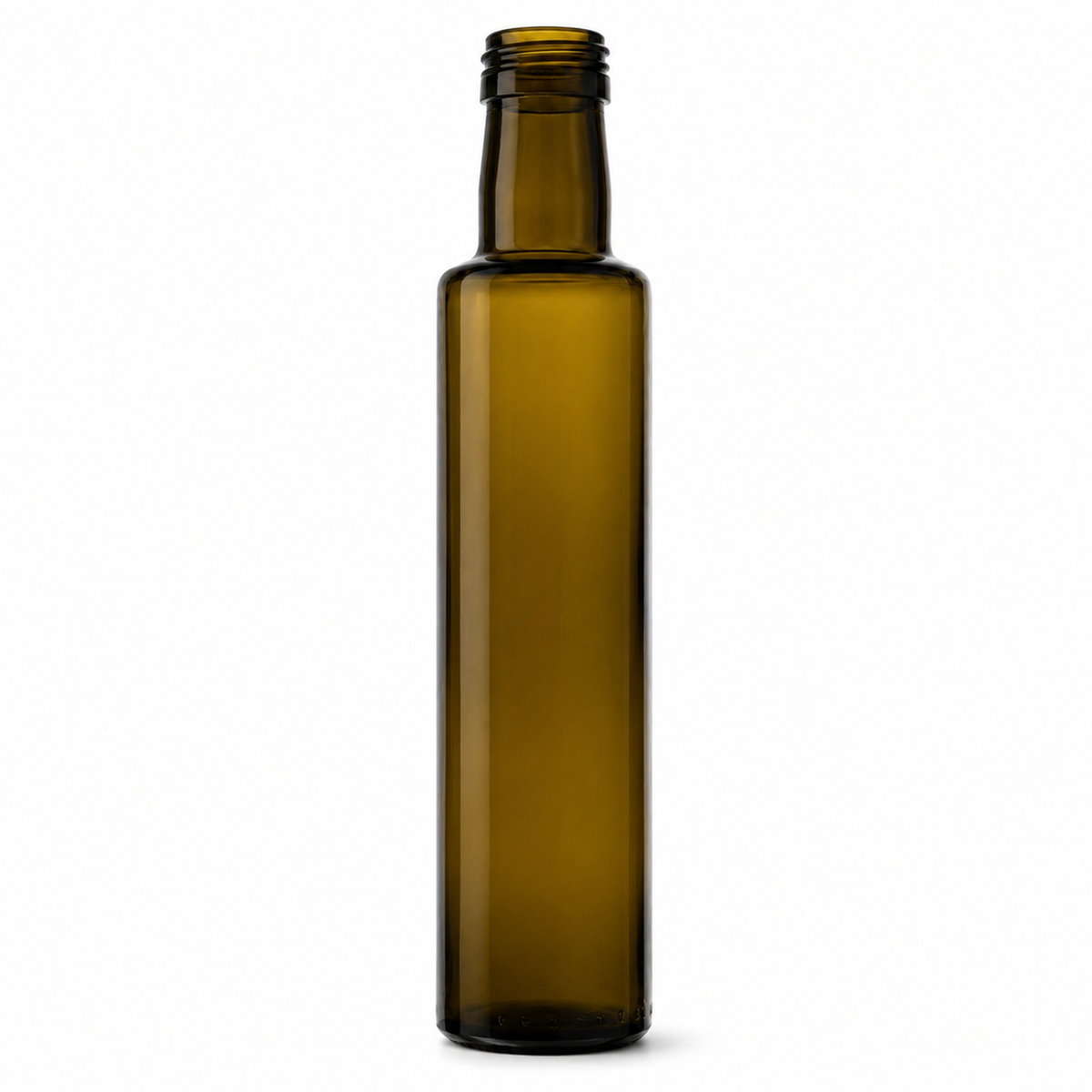 Antikgrüne 250-ml-Dorica-Glasflasche mit schlankem zylindrischem Körper und 31,5-mm-Schraubmündung auf weißem Hintergrund