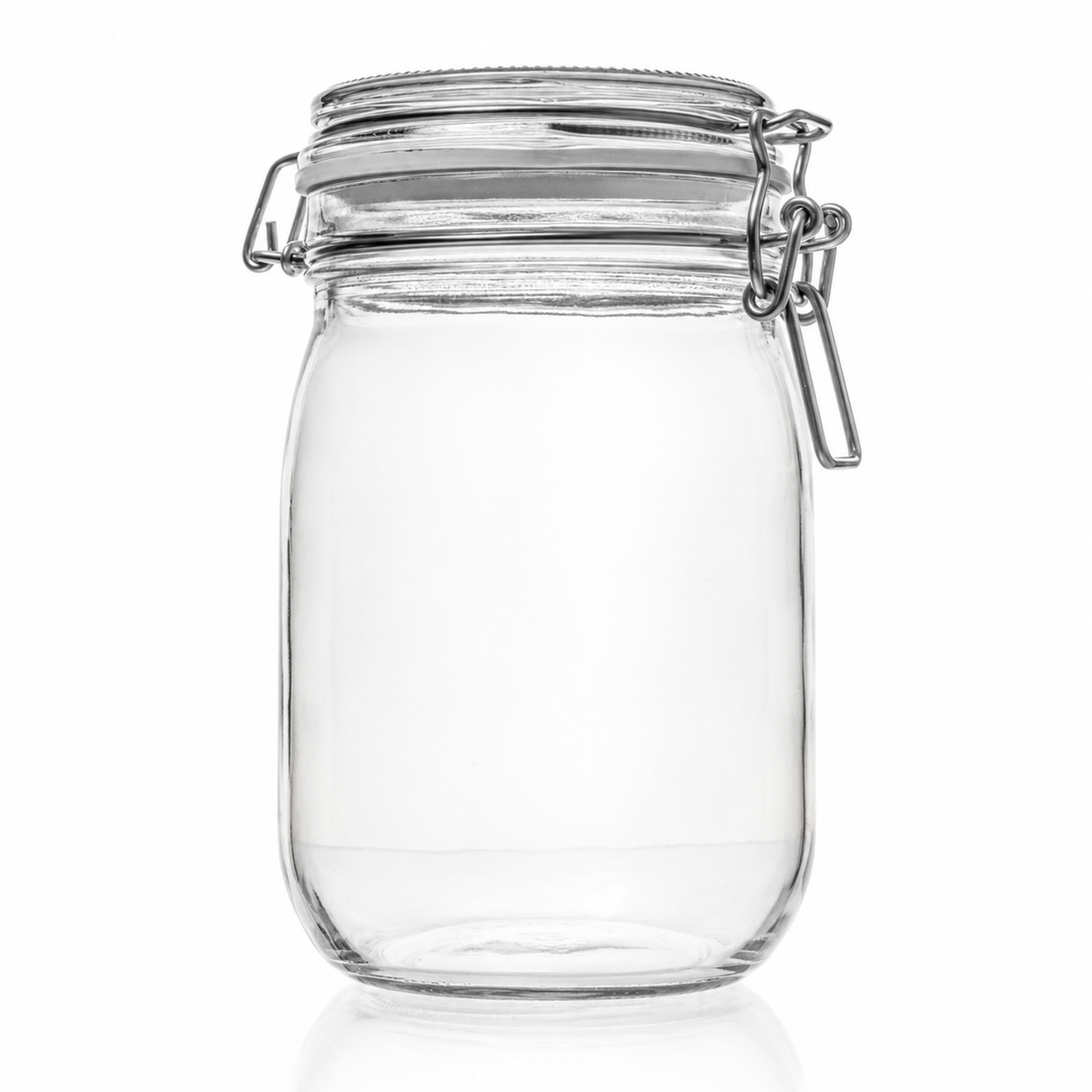 Hohes bauchiges Drahtbügelglas aus Klarglas mit Glasdeckel, hellem Gummiring und Metallverschluss in Frontansicht