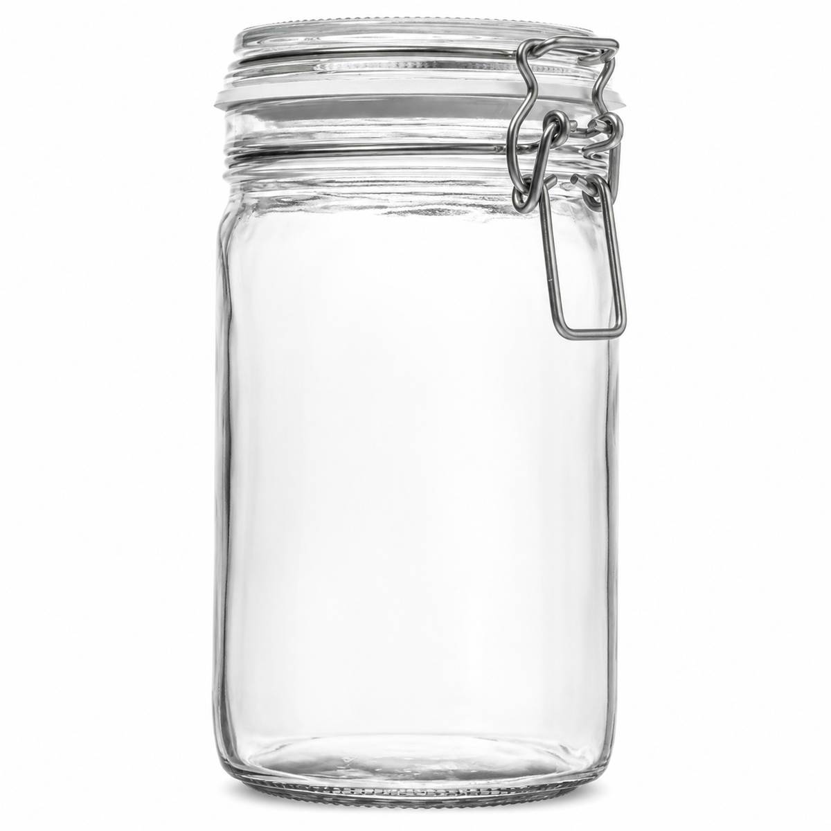Hohes eckiges Drahtbügelglas aus Klarglas mit Glasdeckel, weißem Gummiring und Metallverschluss in Frontansicht