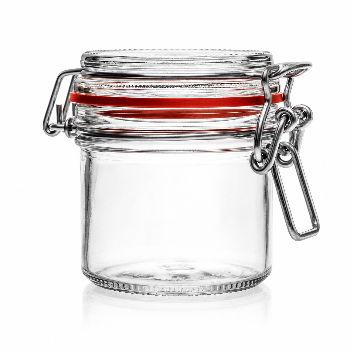 Kleines rundes Drahtbügelglas aus Klarglas mit Glasdeckel, rotem Gummiring und Metallverschluss in Frontansicht