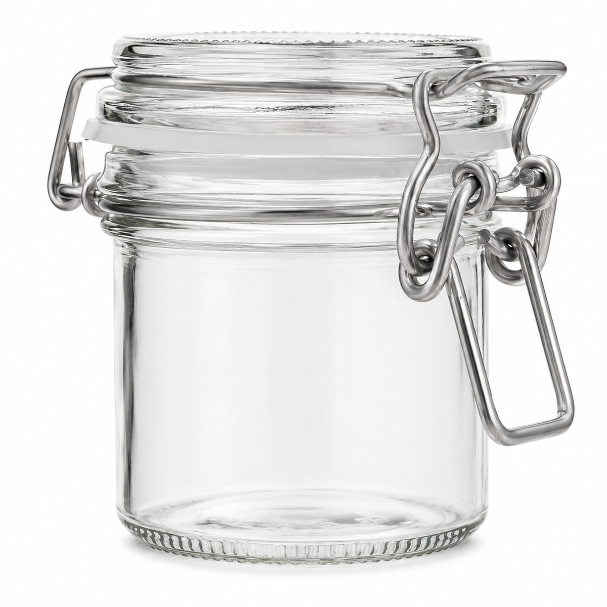 Kleines zylindrisches Drahtbügelglas aus Klarglas mit Glasdeckel, weißem Gummiring und Metallverschluss in Frontansicht