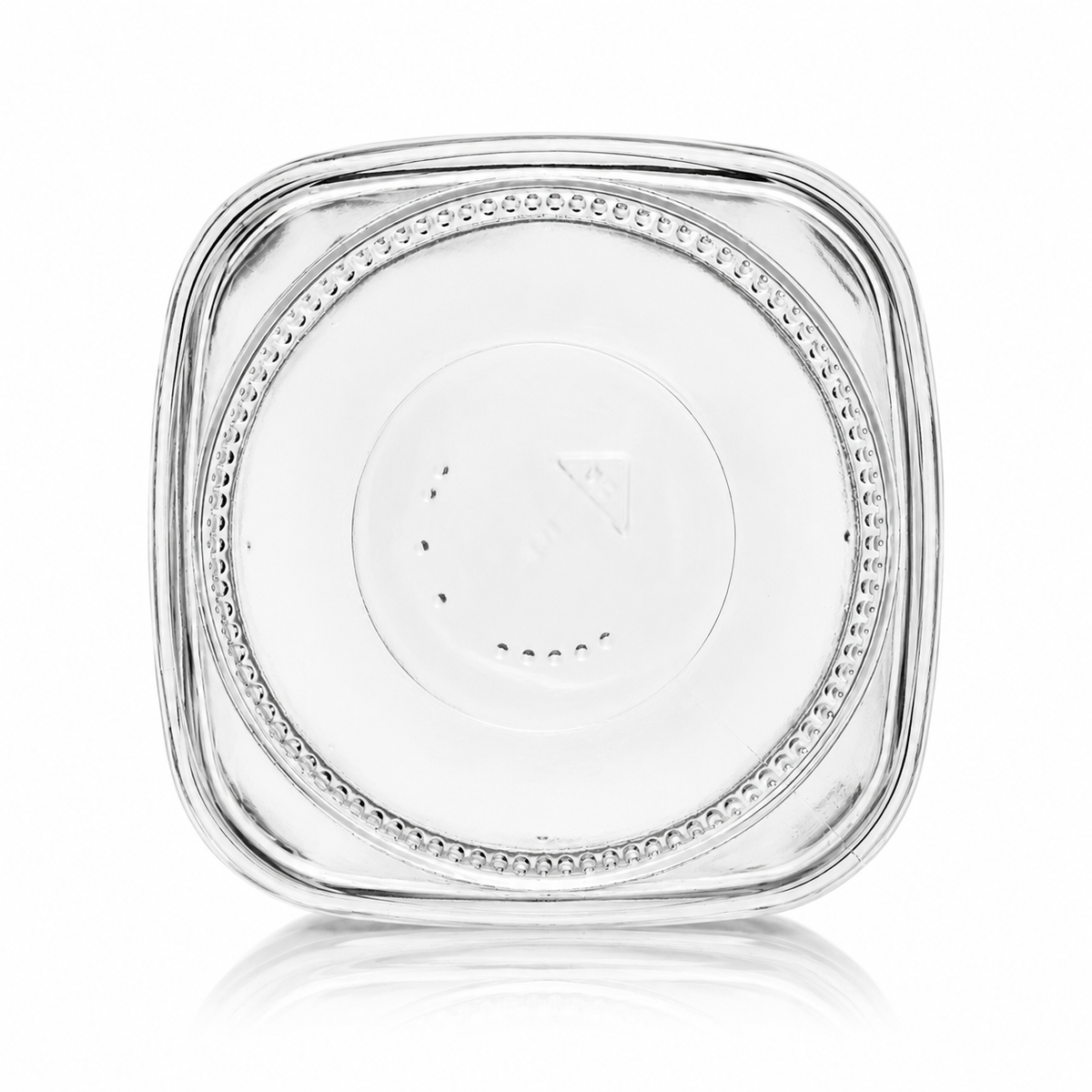 Unterseite eines rechteckigen Drahtbügelglases aus Klarglas mit rundem strukturiertem Glasboden