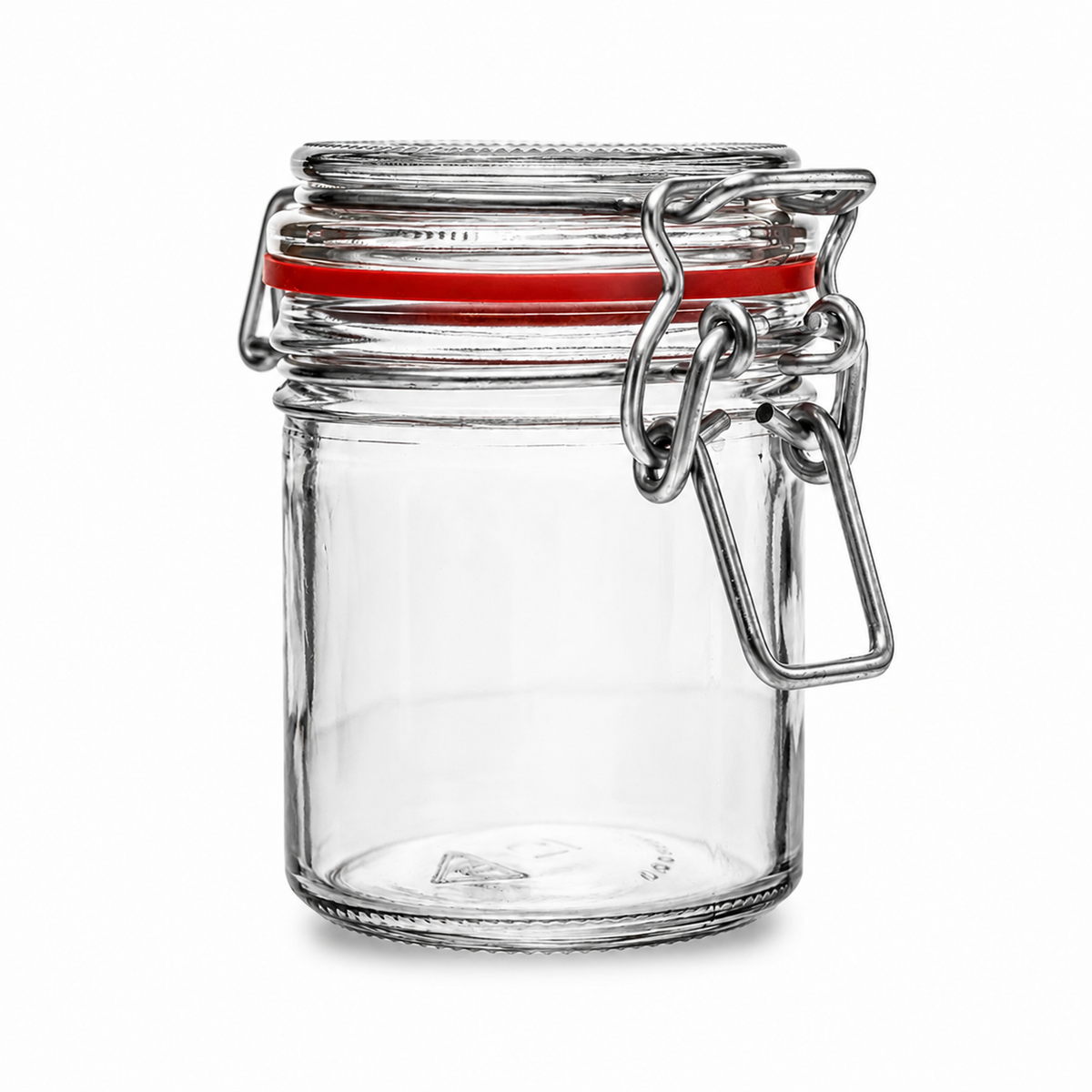 Kleines Vorratsglas aus Klarglas mit roter Dichtung, Glasdeckel und markantem Bügelverschluss in gerader Produktansicht.