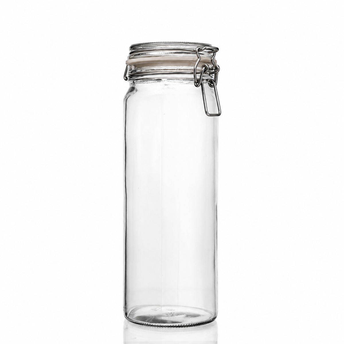 Hohes zylindrisches Drahtbügelglas aus Klarglas mit Glasdeckel, hellem Gummiring und Metallverschluss in Frontansicht