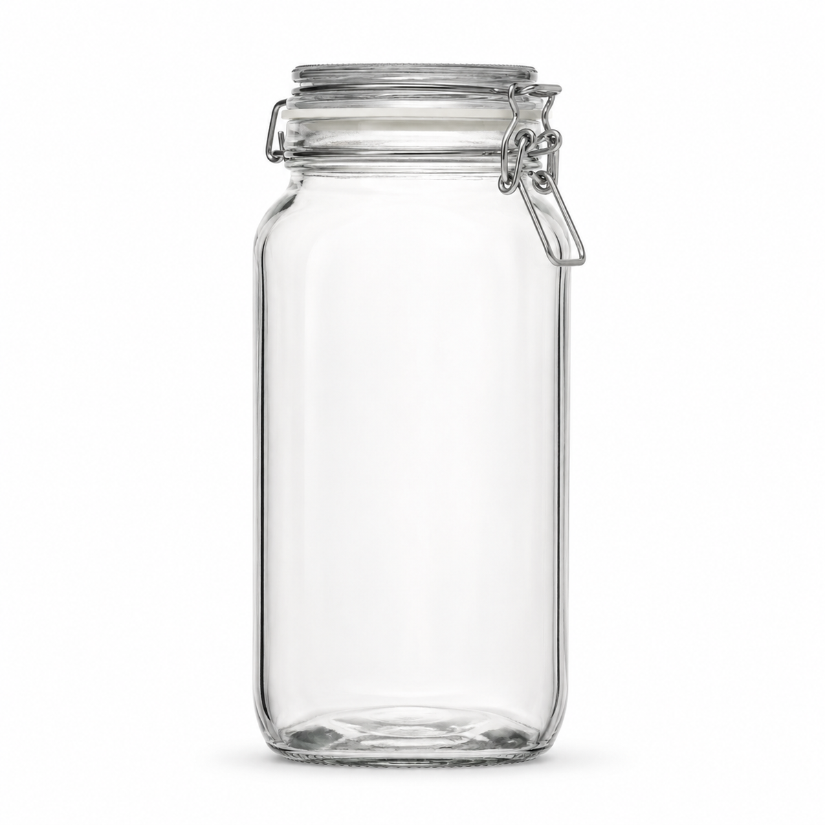 Hohes eckiges Drahtbügelglas aus Klarglas mit Glasdeckel, weißem Gummiring und Metallverschluss in Frontansicht