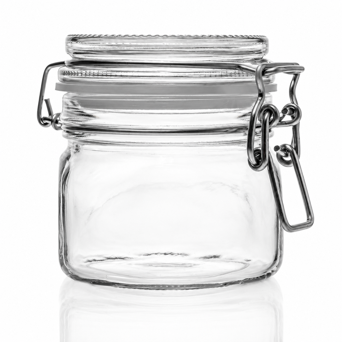 Quadratisches Drahtbügelglas aus Klarglas mit Glasdeckel, weißem Gummiring und Metallverschluss in Frontansicht