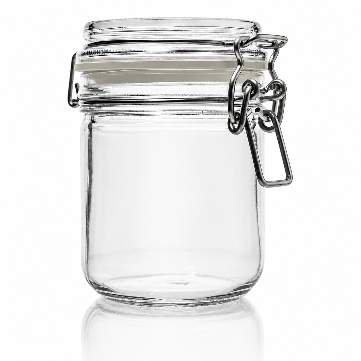 Zylindrisches Drahtbügelglas aus Klarglas mit Glasdeckel, hellem Gummiring und Metallverschluss in Frontansicht