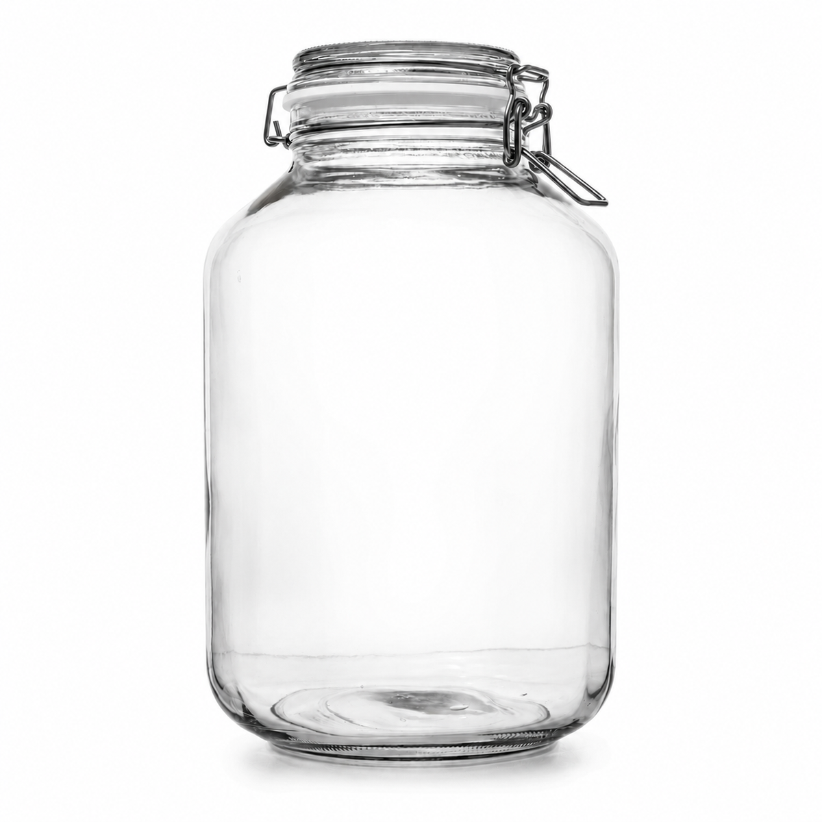Großes Drahtbügelglas aus Klarglas mit Glasdeckel, weißem Gummiring und Metallverschluss in Frontansicht