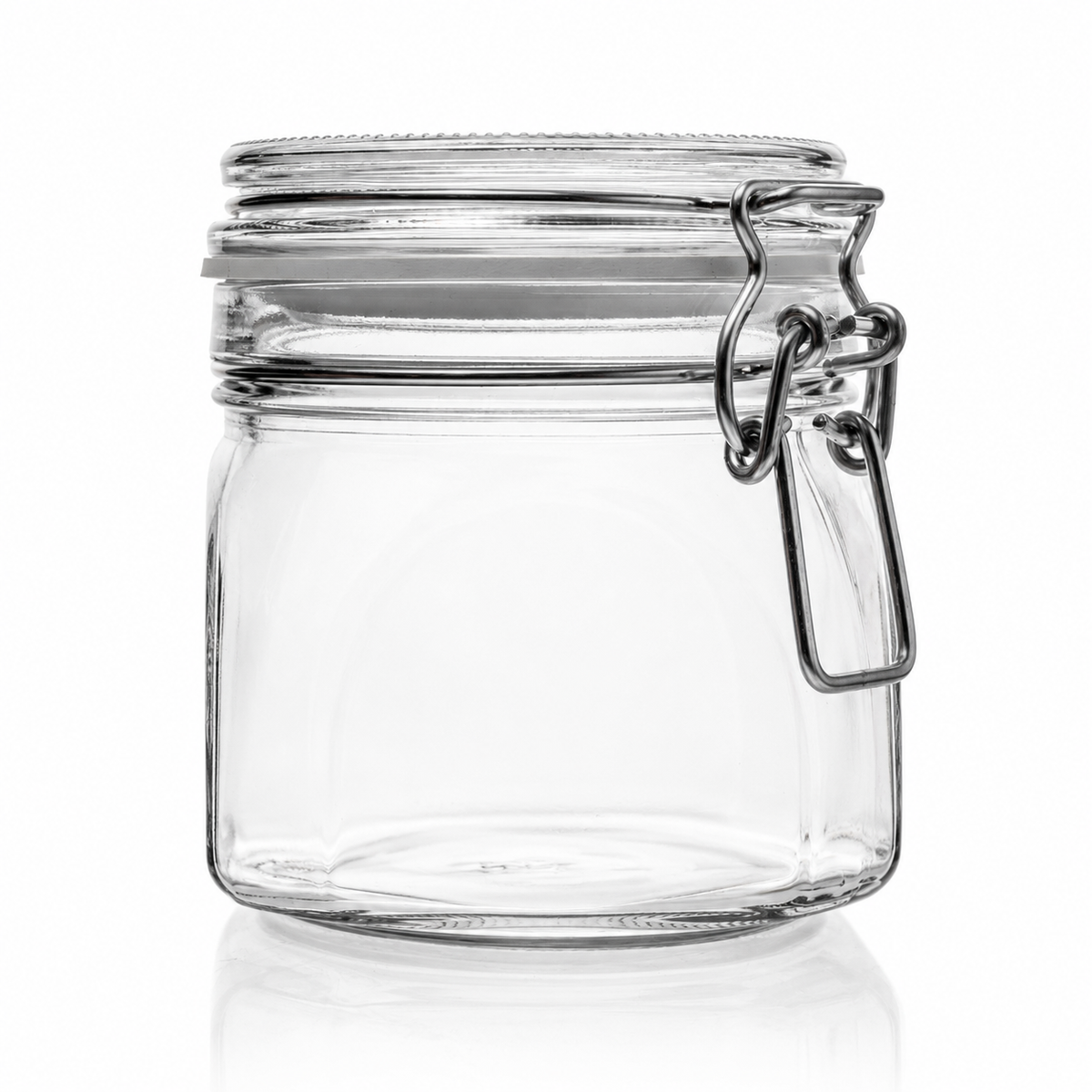 Quadratisches Drahtbügelglas aus Klarglas mit Glasdeckel, weißem Gummiring und Metallverschluss in Frontansicht