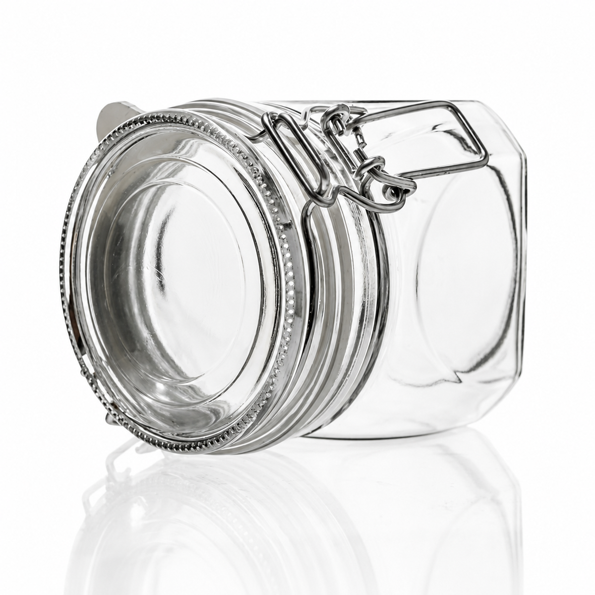 Liegendes quadratisches Drahtbügelglas aus Klarglas mit Glasdeckel, weißem Gummiring und sichtbarem Metallbügelverschluss