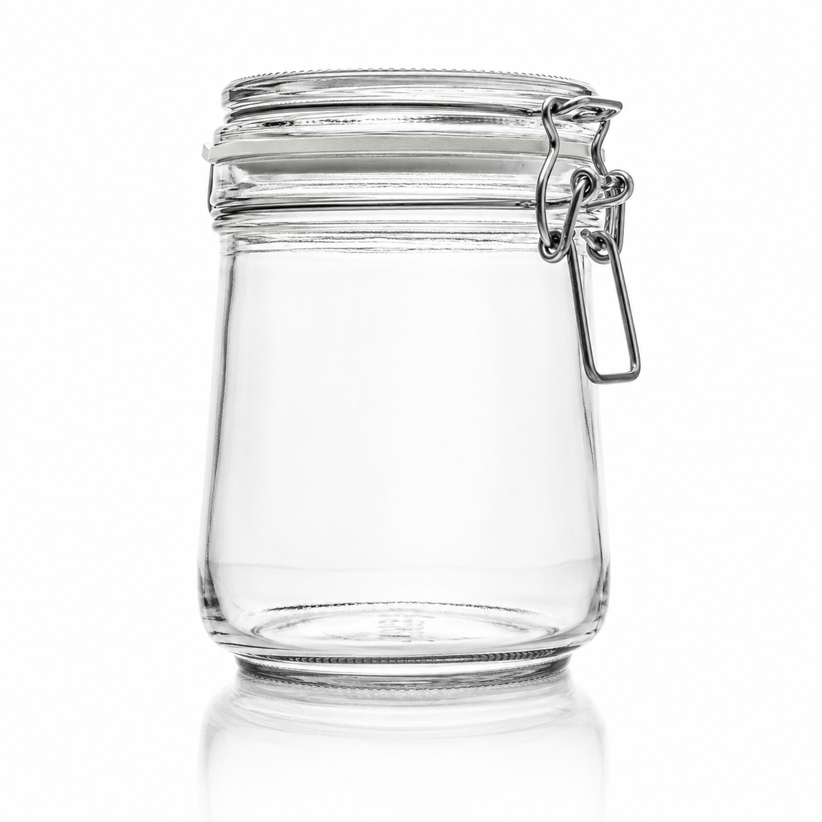 Hohes Drahtbügelglas aus Klarglas mit Glasdeckel, hellem Gummiring und Metallverschluss in Frontansicht
