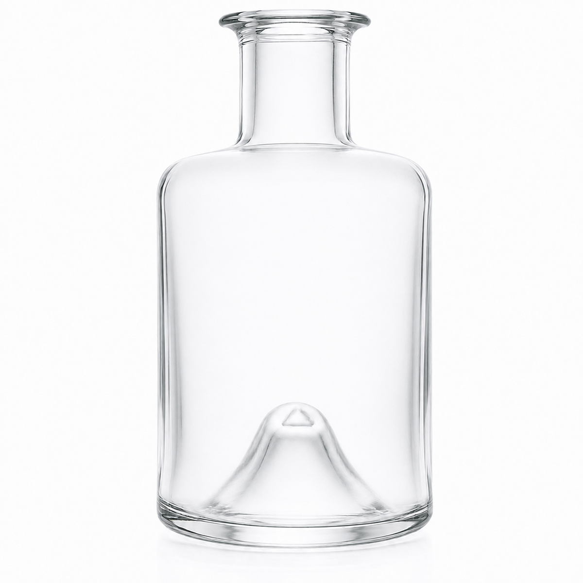 Klare Chagall-Glasflasche 200 ml mit Tellerrandmündung, kurzem Hals und rundem Flaschenkörper auf weißem Hintergrund