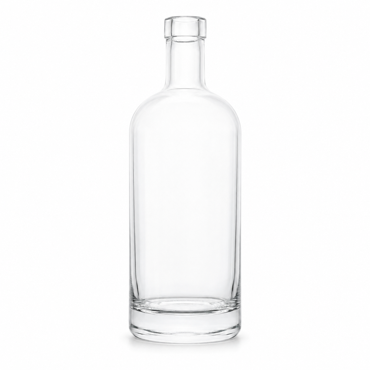 Klare Golf-Glasflasche 500 ml mit OBM-Mündung, kurzem Hals und zylindrischem Körper auf weißem Hintergrund