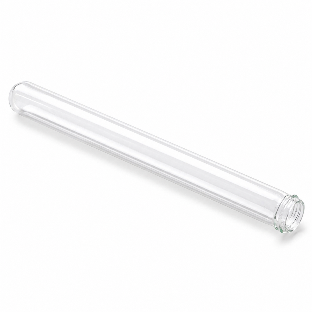 Gewindeglas 160 × 16 × 1,1 mm aus klarem Glas mit langem zylindrischem Körper, abgerundetem Boden und Gewindemündung, vollständig liegend dargestellt.