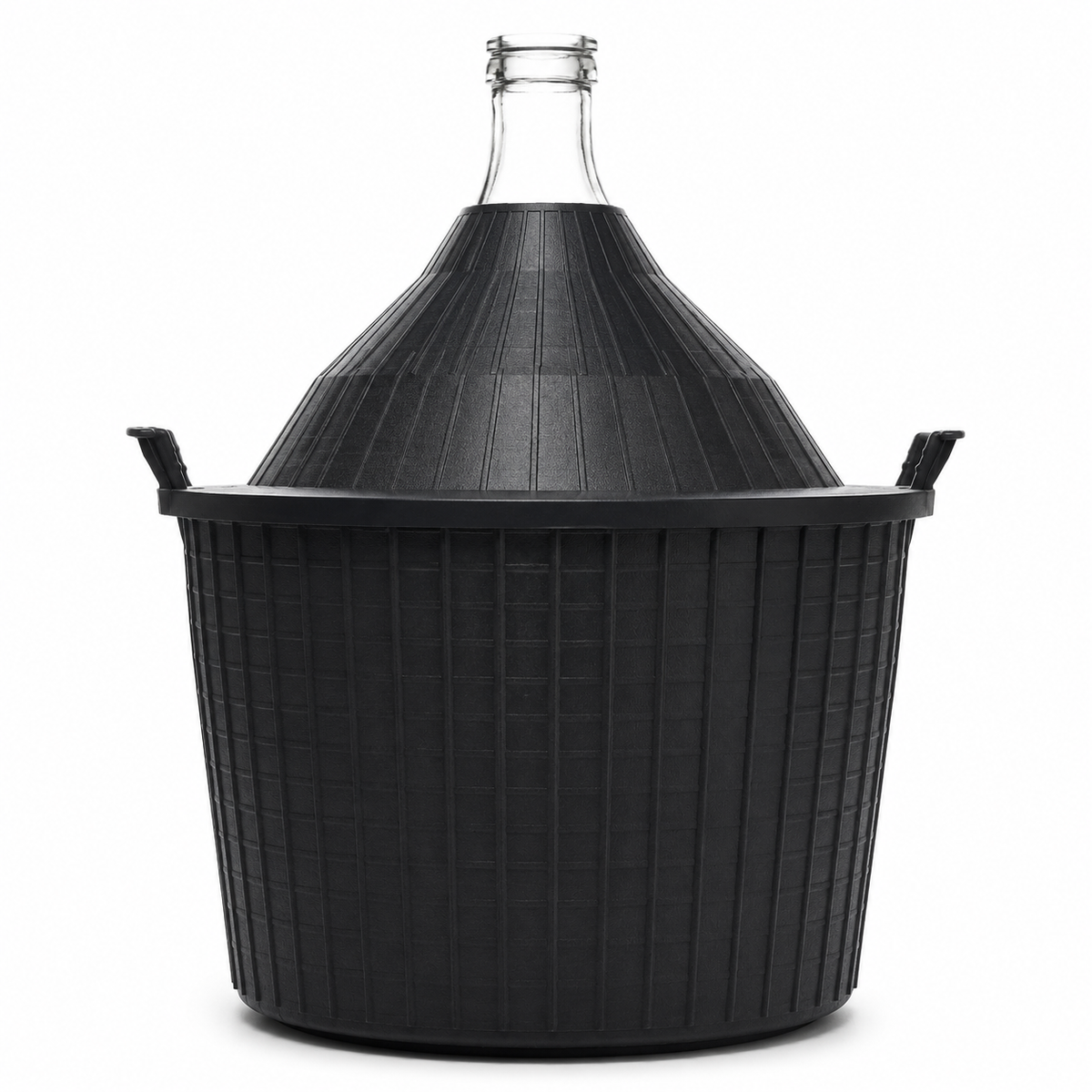 Glasballon 50 l aus klarem Glas im schwarzen Polykorb mit Spezial-Mündung, geschlossenem Kunststoffmantel und seitlichen Tragegriffen auf weißem Hintergrund.