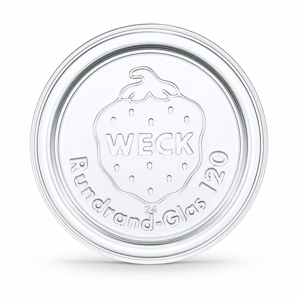 Aufrecht stehender WECK-Glasdeckel RR120 aus klarem Glas mit geprägtem Erdbeerlogo, WECK-Schriftzug, Kennzahl 24 und Rundrand-Glas-120-Prägung.