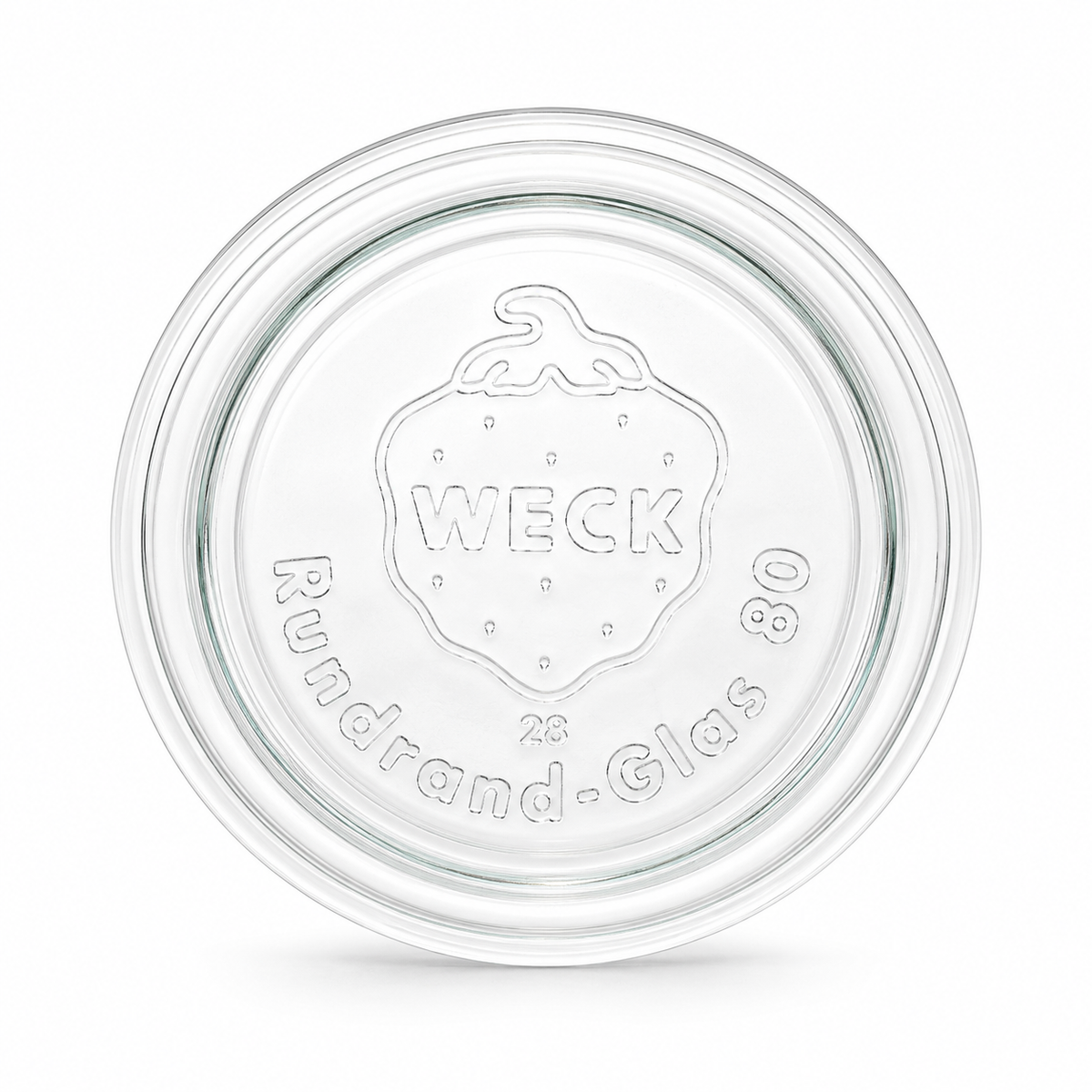 Aufrecht stehender WECK-Glasdeckel RR80 aus klarem Glas mit geprägtem Erdbeerlogo, WECK-Schriftzug und Rundrand-Glas-80-Prägung.
