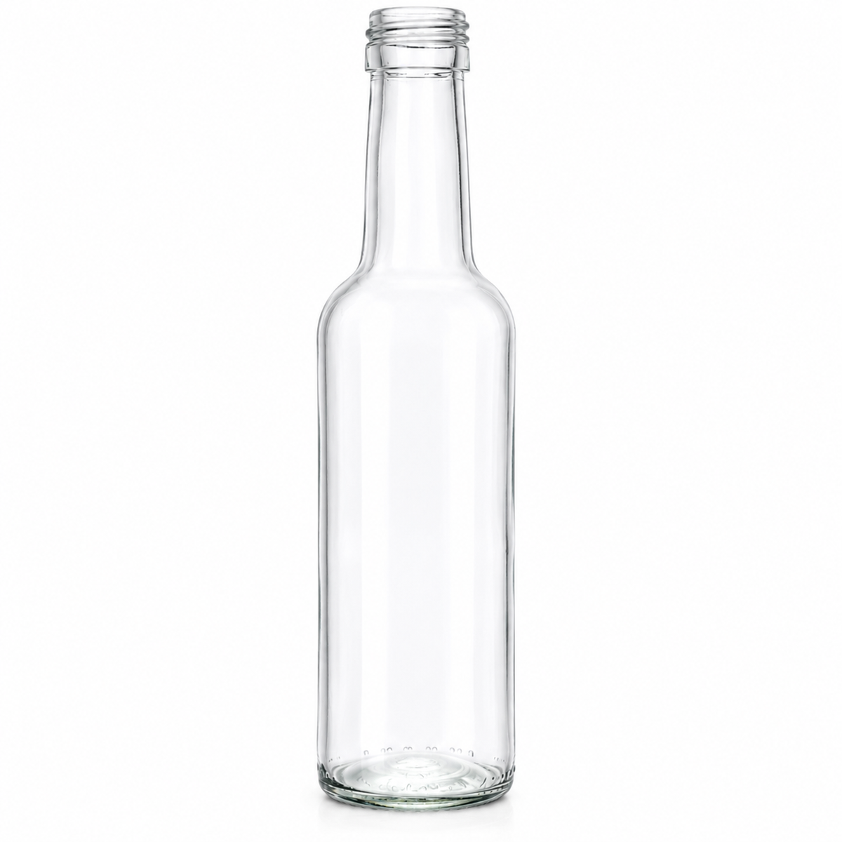 Klare 0,25-Liter-Gradhalsflasche aus Glas mit langem Hals und 28-mm-Schraubmündung auf weißem Hintergrund.