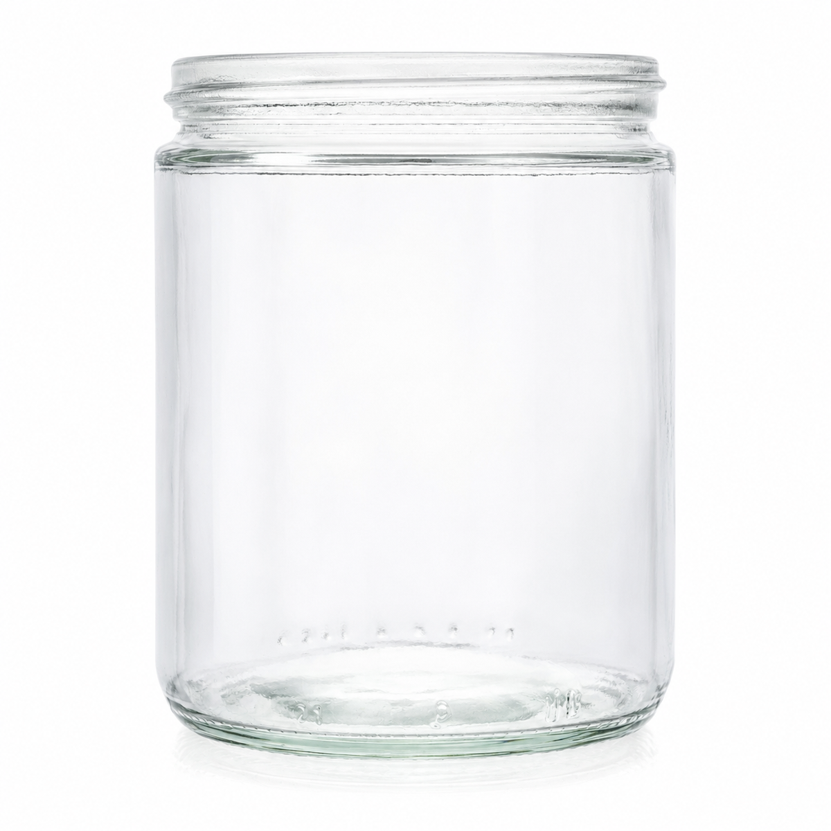 Honigglas aus Klarglas mit 400 ml Volumen, niedrigem Gewinde und zylindrischer Form, frontal auf weißem Hintergrund dargestellt.