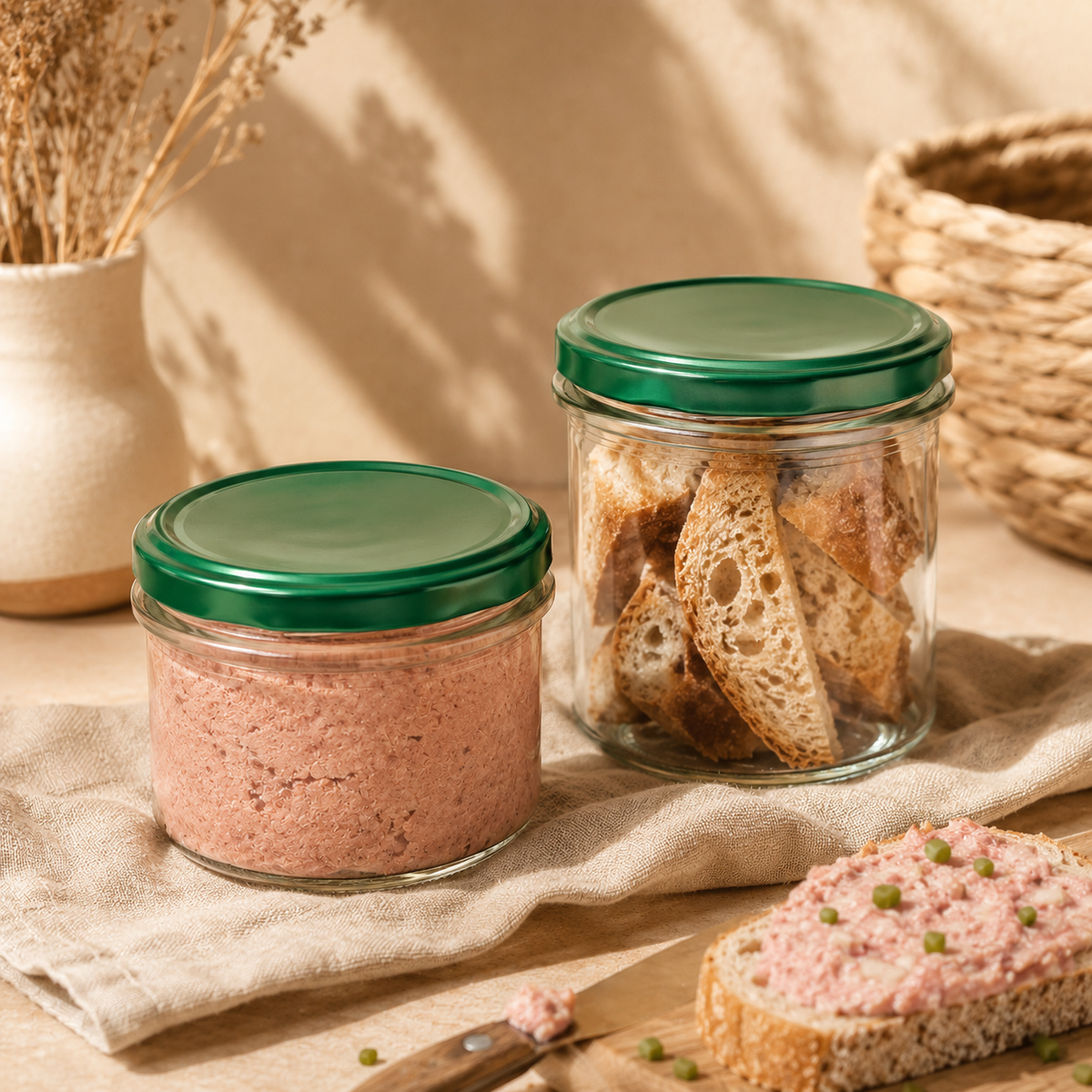 Zwei Sturzgläser mit grünen Twist-Off-Verschlüssen, gefüllt mit Wurstaufstrich und Brot, in einer warmen, beigen Küchenatmosphäre.