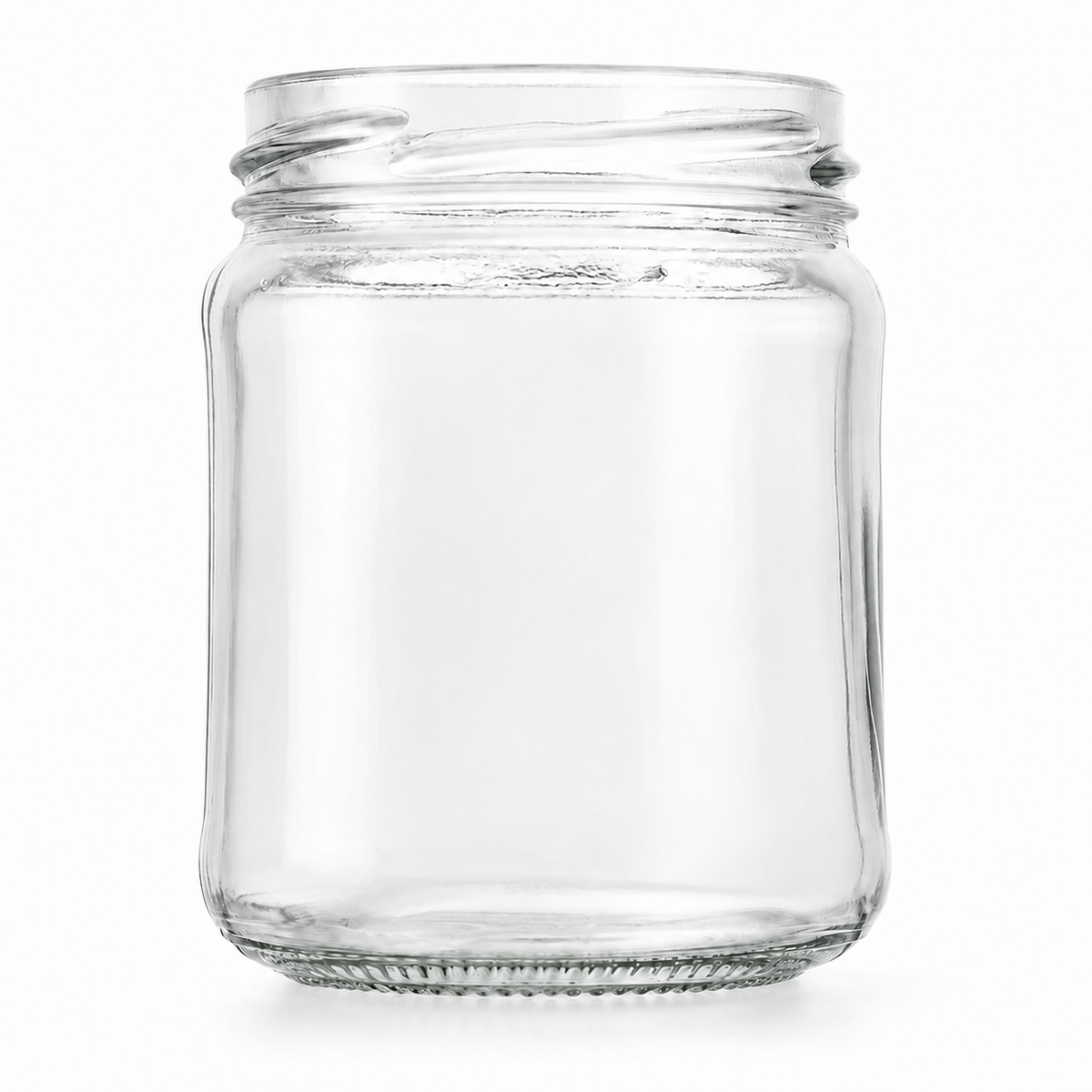 Konservenglas 228 ml TO 63 aus klarem Glas mit rundem, leicht konischem Körper, kurzen Schultern und Twist-off-Mündung, frontal stehend dargestellt.