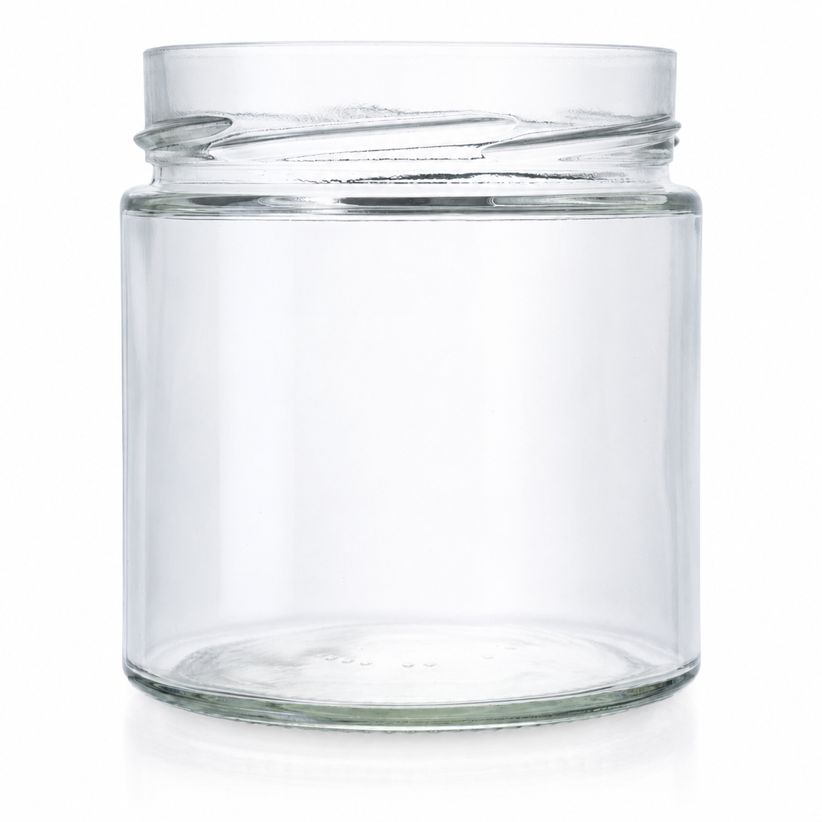 Klares Konservenglas mit 410 ml Volumen, breiter TO-82-Deep-Mündung und gerader zylindrischer Form, freigestellt auf weißem Hintergrund.
