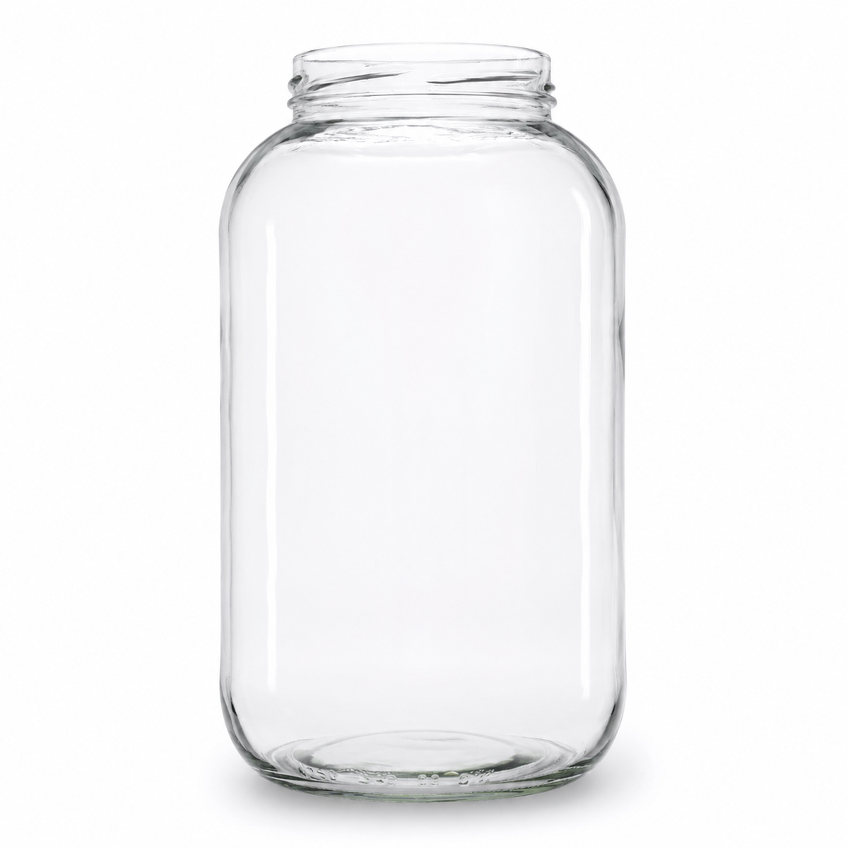 Großes, transparentes Konservenglas 4250 ml mit TO-100-Mündung und breitem zylindrischem Glaskörper auf weißem Hintergrund.