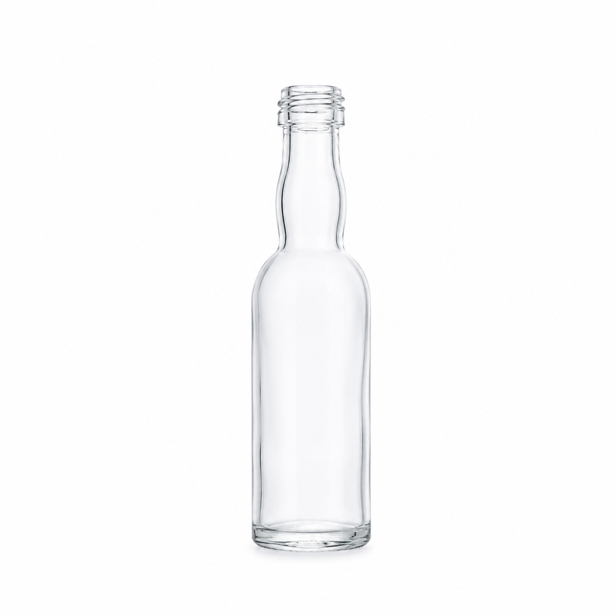Freigestellte, klare 40-ml-Kropfhalsflasche mit schlankem Körper, leicht geschwungenem Hals, Schraubmündung und flachem Glasboden auf weißem Hintergrund