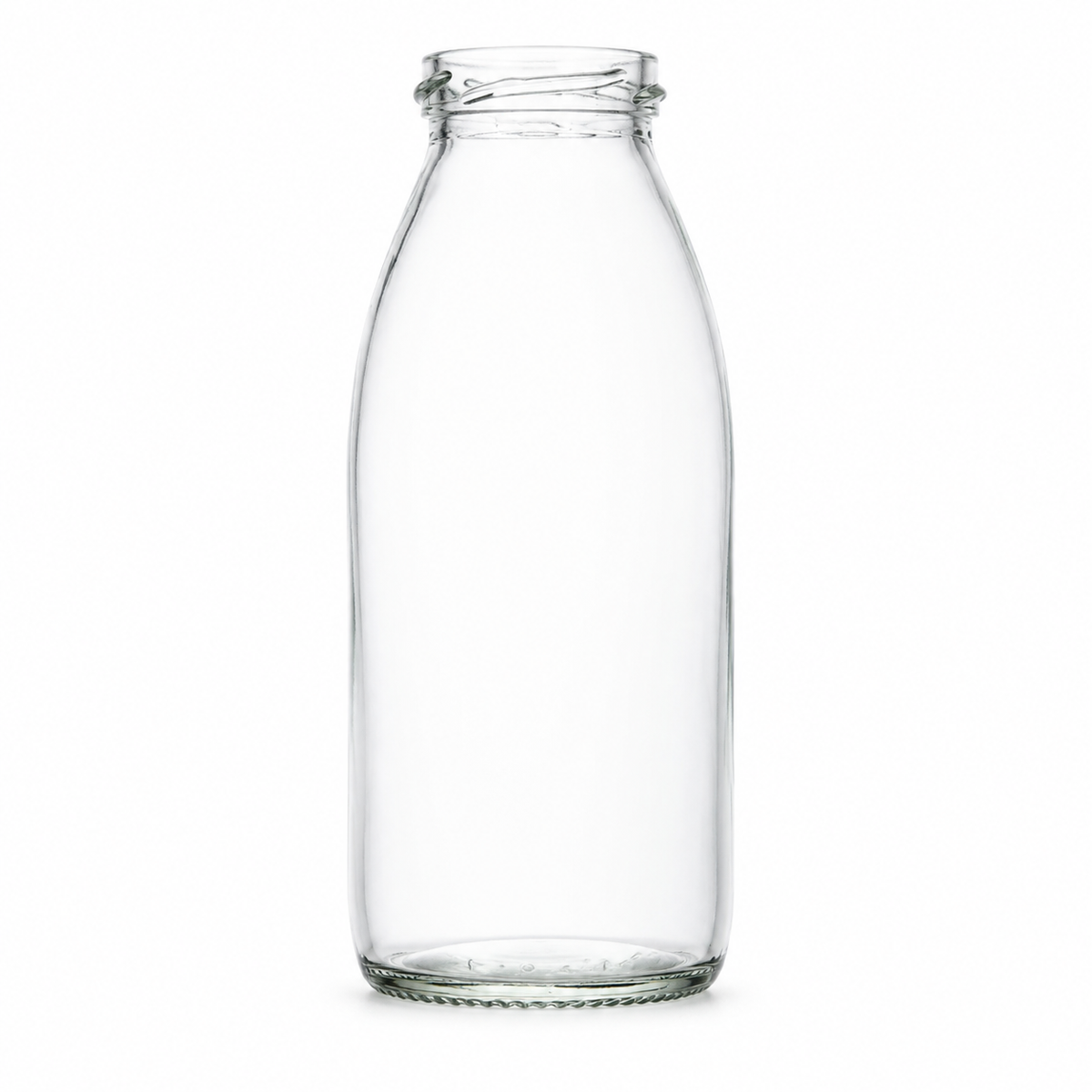 Klare, hochgezogene Milchflasche mit sanft gerundeter Schulter, kurzer Schraubmündung und stabilem Glasboden in gerader Studioansicht.