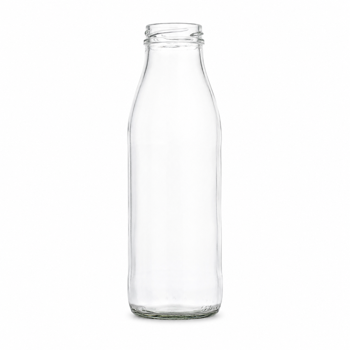 Schlanke Milchflasche aus klarem Glas mit sanft gerundeter Schulter, kurzer Mündung und stabilem Boden, frontal auf weißem Hintergrund dargestellt.