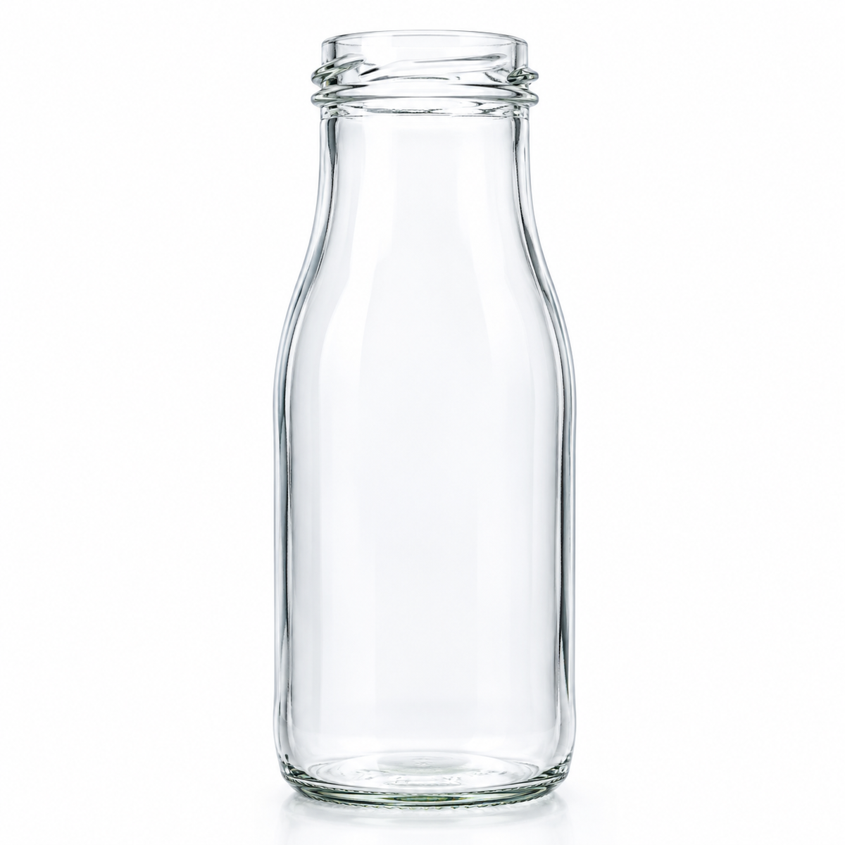 Milchflasche Epice aus klarem Glas mit 0,15 Liter Volumen, kompakter Form und TO-43-Mündung, frontal auf weißem Hintergrund dargestellt.