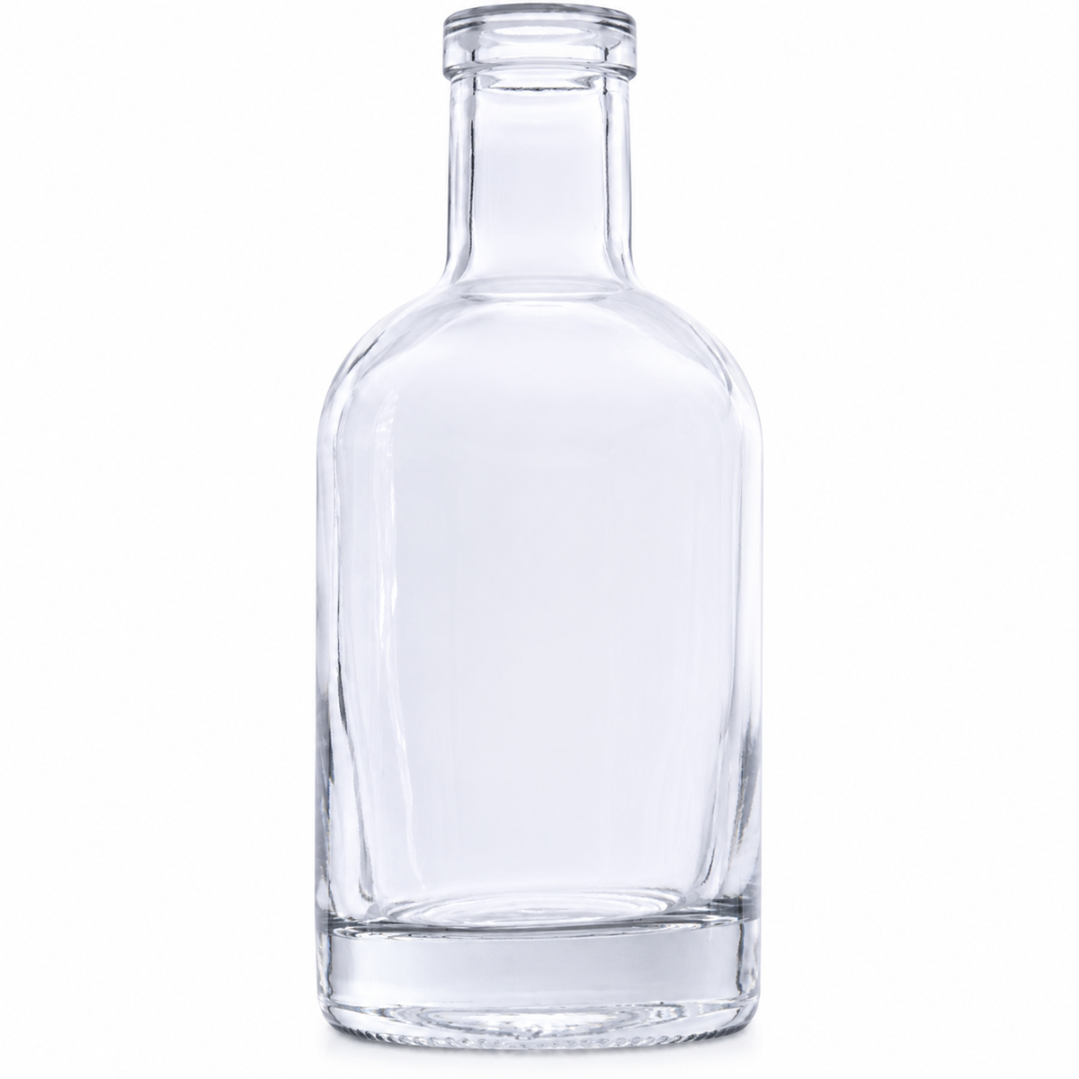 Freigestellte, klare Nocturne-Glasflasche mit 200 ml Volumen, rundem Körper, kurzem Hals, 18-mm-Mündung und massivem Glasboden auf weißem Hintergrund