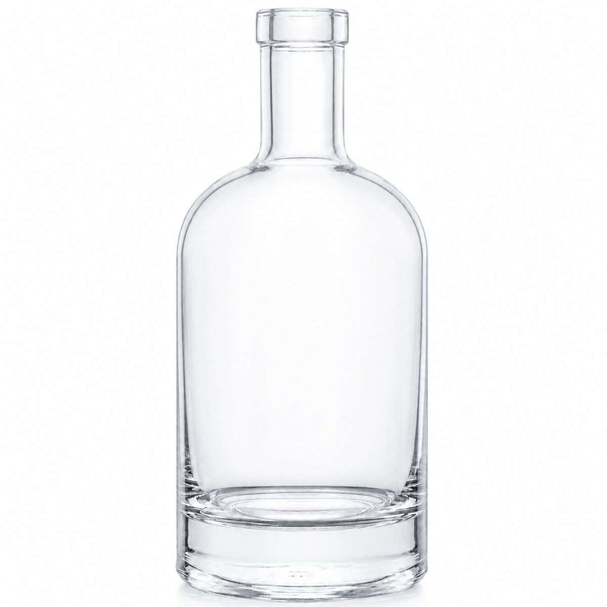 Klare, runde Glasflasche mit kurzem Hals, abgerundeten Schultern und massivem Glasboden auf weißem Hintergrund.