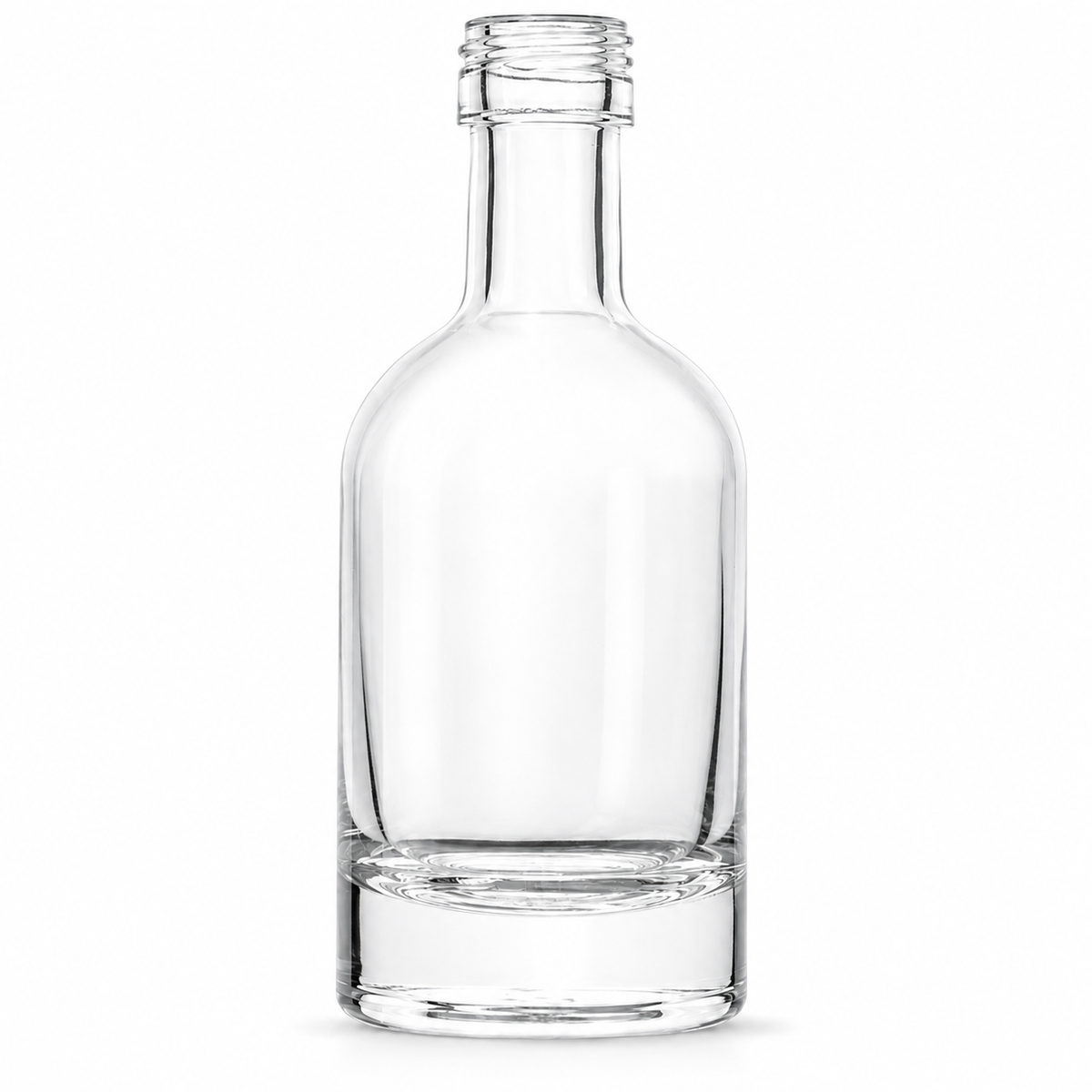 Klare Nocturne-Glasflasche 100 ml mit PP-22-Schraubmündung, kurzem Hals und rundem Körper auf weißem Hintergrund