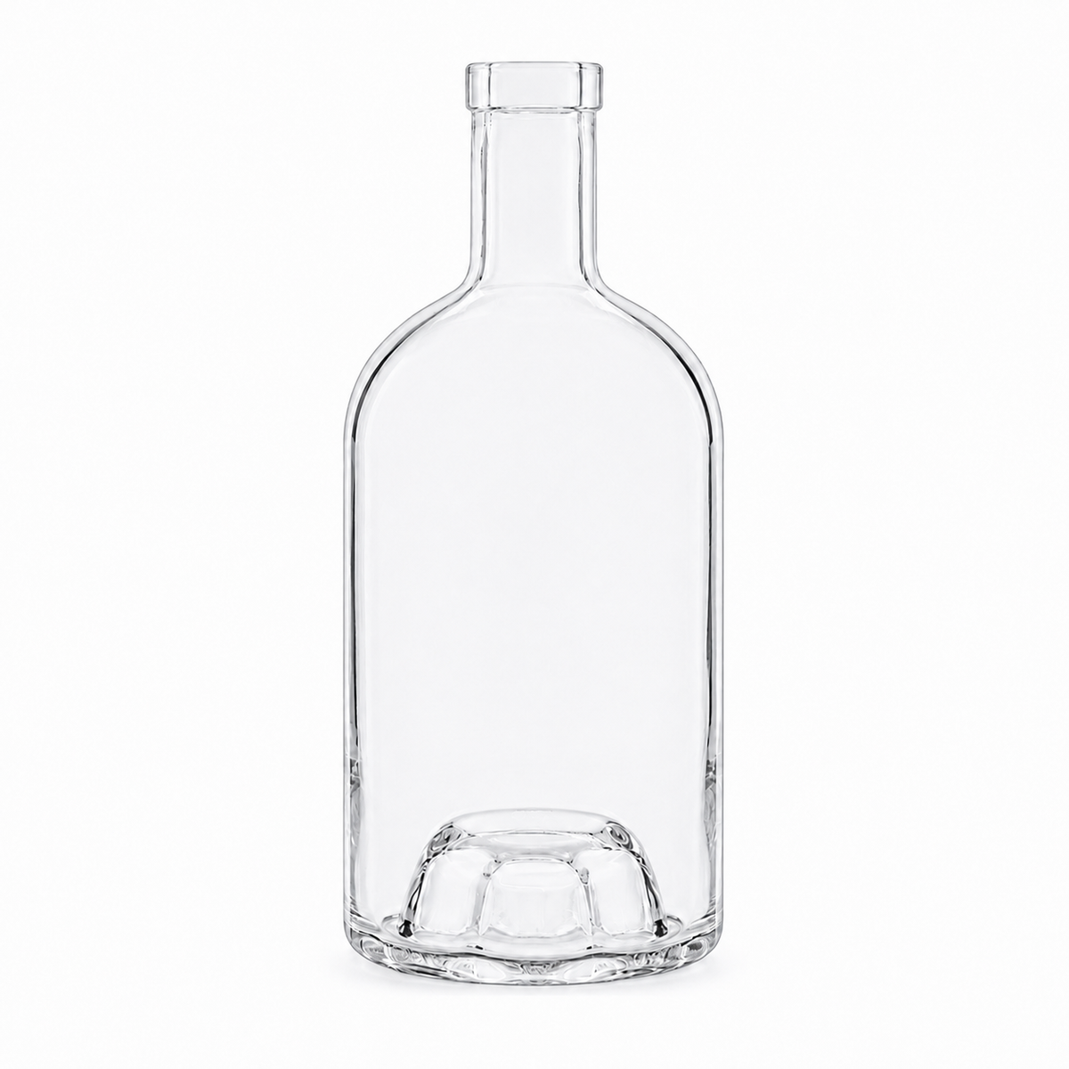 Klare Nocturne-Okta-Glasflasche 500 ml mit OBB-19-Mündung, achteckigem Körper und markantem Innenboden auf weißem Hintergrund