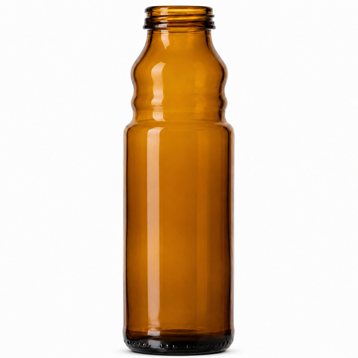 Bernsteinfarbene 100-ml-Ölflasche aus Glas mit geriffelter Schulter, kurzem Hals und RIC-Mündung auf weißem Hintergrund