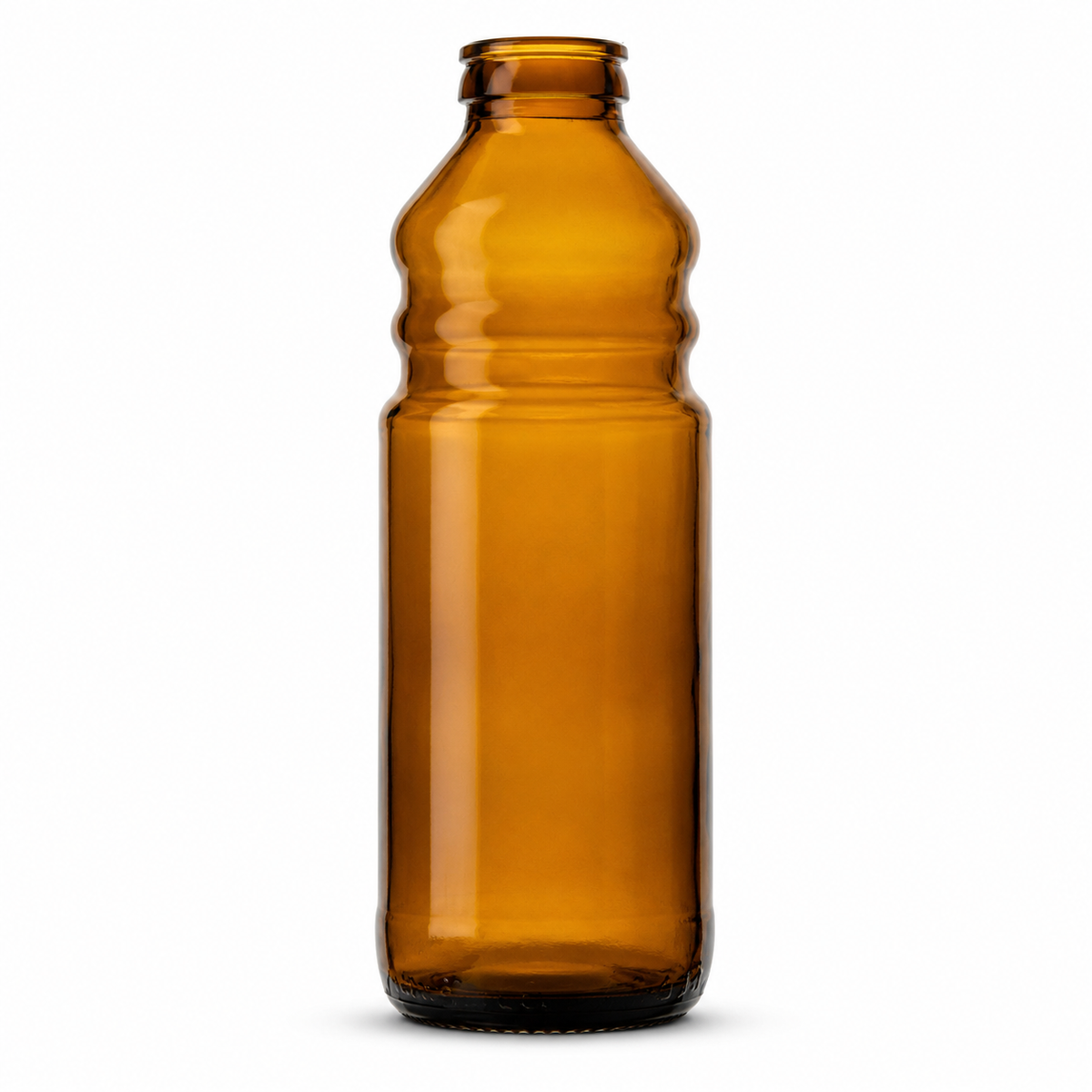 Bernsteinfarbene Glasflasche mit Schraubmündung, geriffelter Schulter und zylindrischem Körper auf weißem Hintergrund.