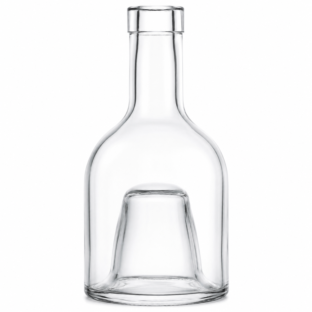 Freigestelltes Oberteil der klaren Pila-Stapelflasche mit 250 ml Volumen, bauchigem Glaskörper, kurzem Hals und kuppelförmiger Aussparung im Boden auf weißem Hintergrund