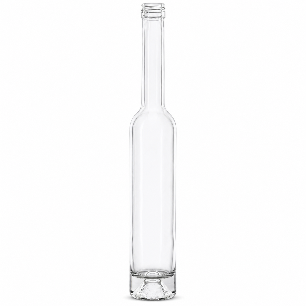 Freigestellte, klare 200-ml-Glasflasche mit sehr schlankem Körper, langem Hals, Schraubmündung und stark eingezogenem Glasboden auf weißem Hintergrund