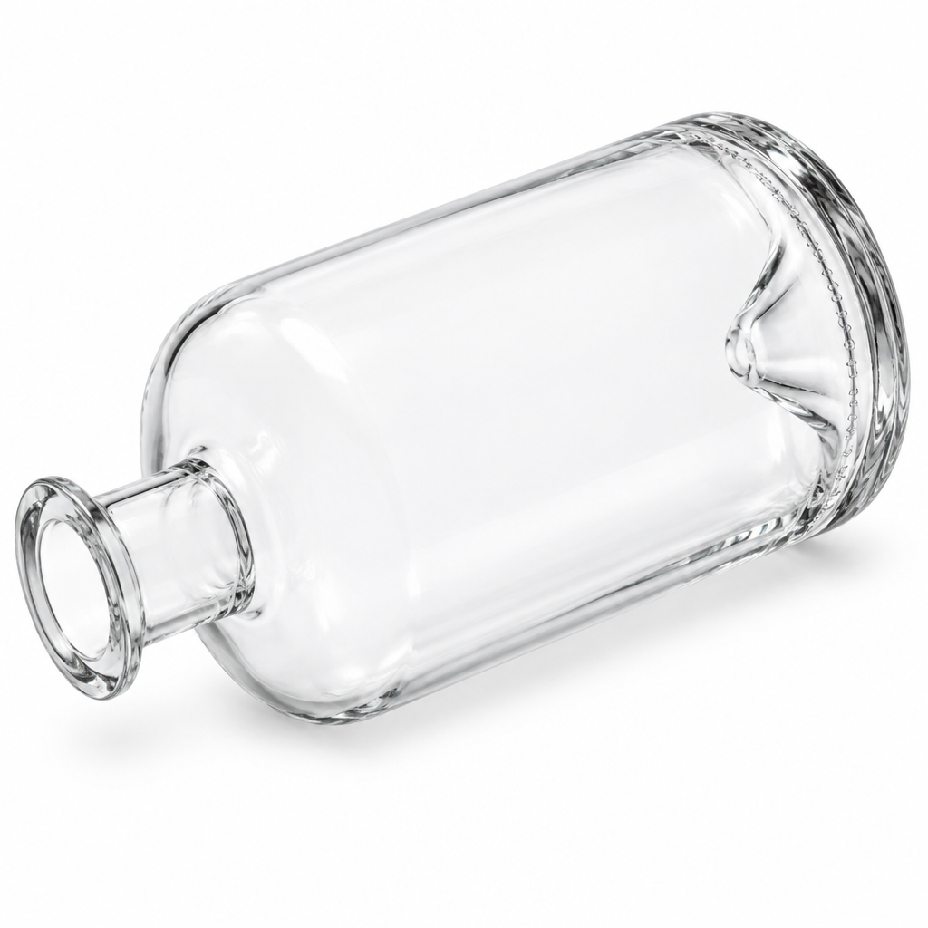 Klare Apothekerflasche SAPO005 mit Tellerrandmündung, liegend in isometrischer Ansicht auf weißem Hintergrund.