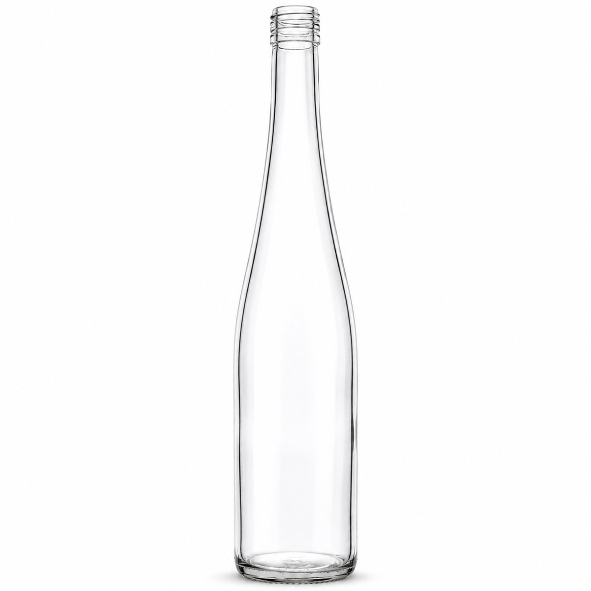 Klare, schlanke Schlegelflasche aus Glas mit langem Hals und Deep-Schraubmündung auf weißem Hintergrund.