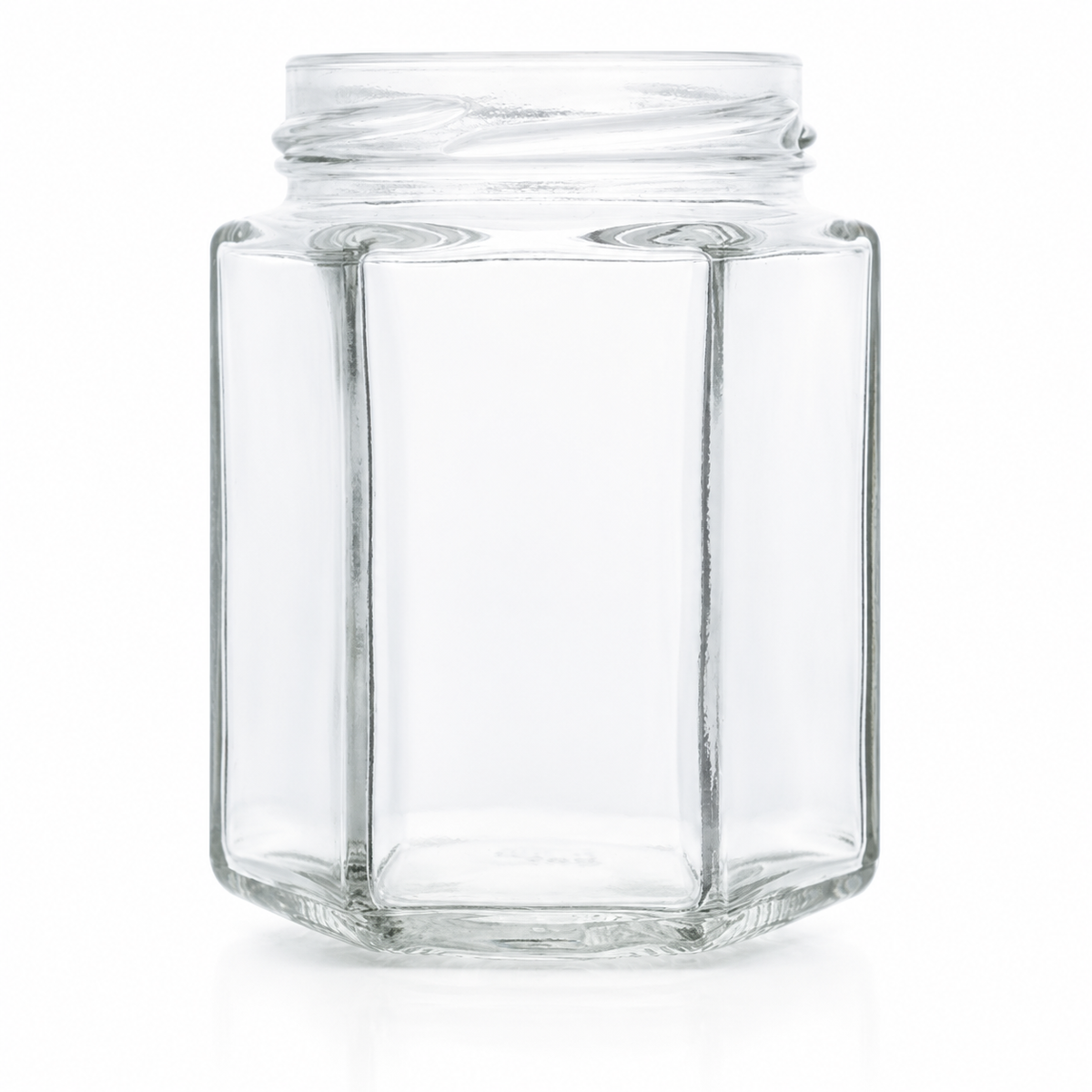 Sechskantglas 195 ml TO 58 aus klarem Glas mit sechs geraden Seitenflächen und Twist-off-Mündung, frontal stehend dargestellt.