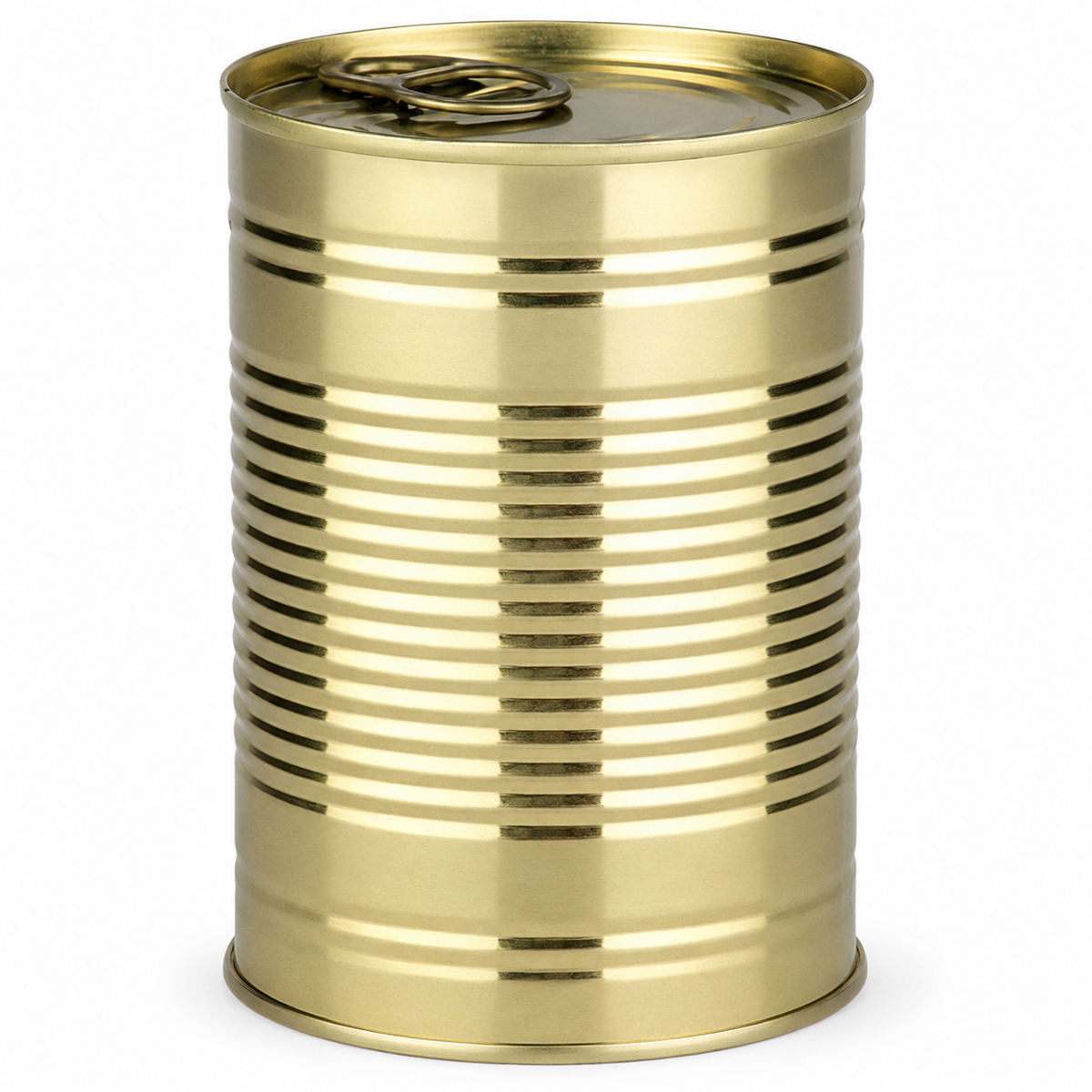 Goldfarbene Stahlaufreißdose mit 73 mm Durchmesser und 110 mm Höhe, gerilltem Dosenkörper und Ringpull-Deckel auf weißem Hintergrund.